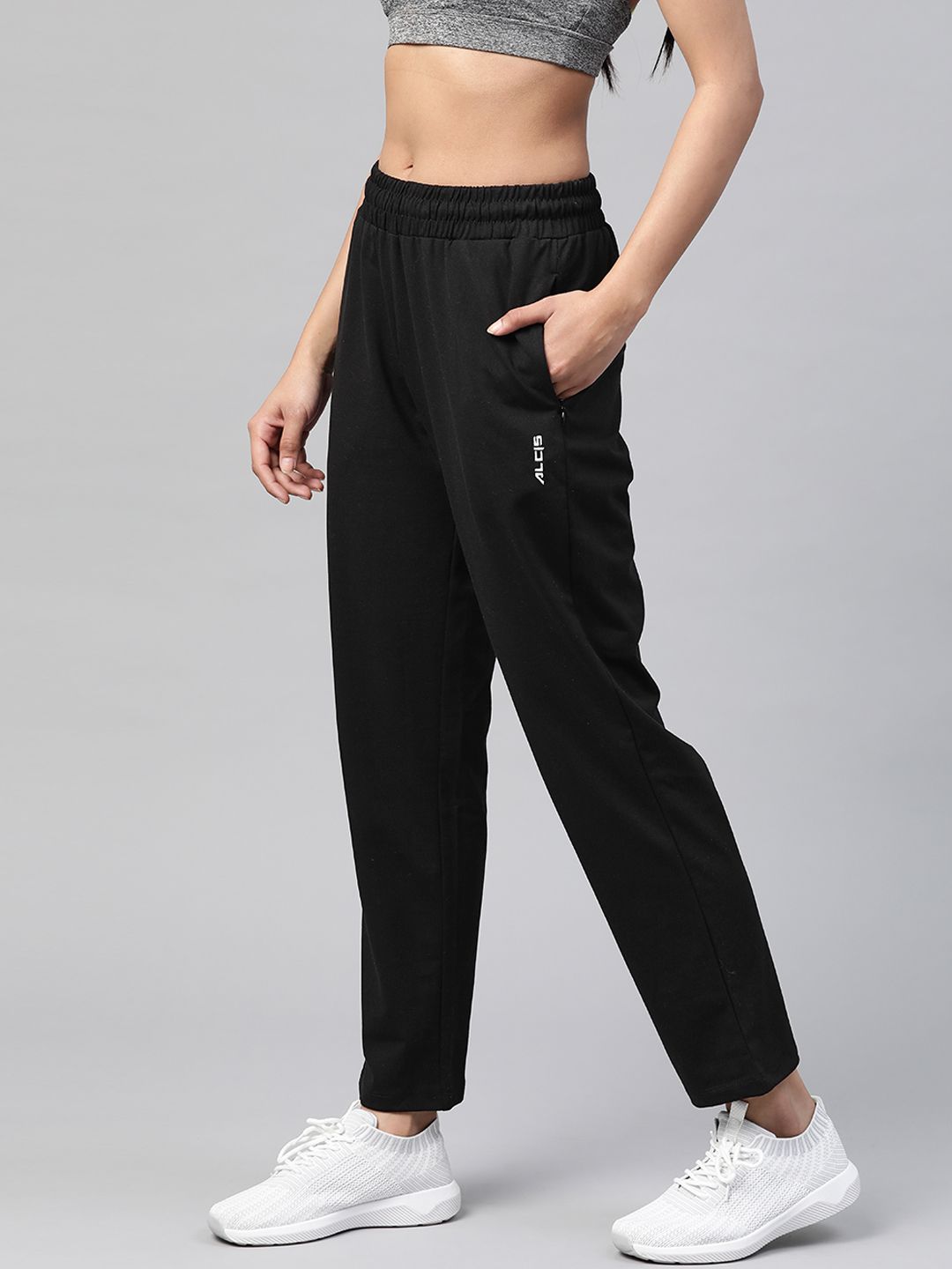 Alcis Women Black Slim Fit Solid Knitted Track Pants Price in India