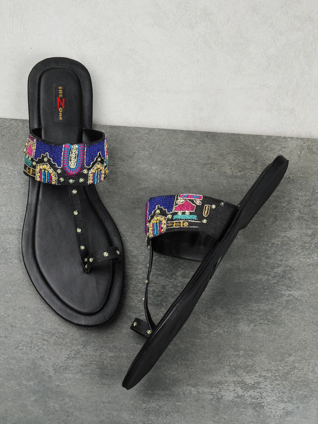 Shezone Women Black Embellished One Toe Flats Price in India