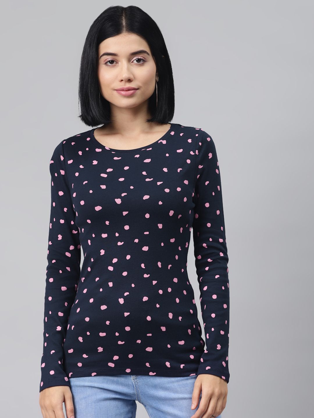 Marks & Spencer Women Navy Blue & Pink Printed Pure Cotton Round Neck T-shirt