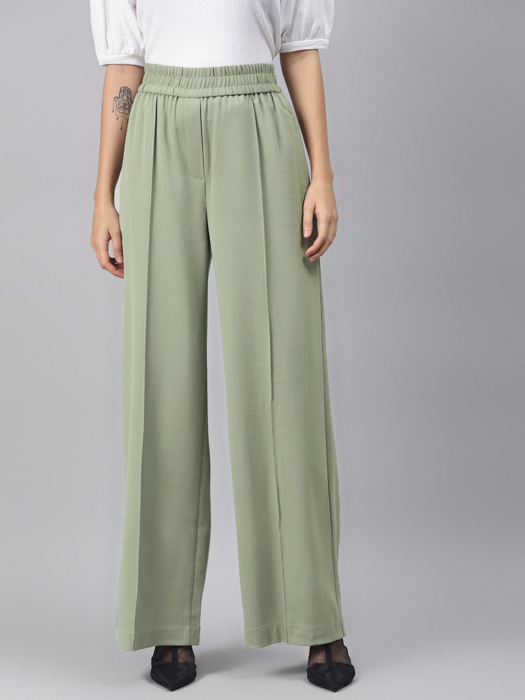 Marks & Spencer Women Green Flared Solid Parallel Trousers