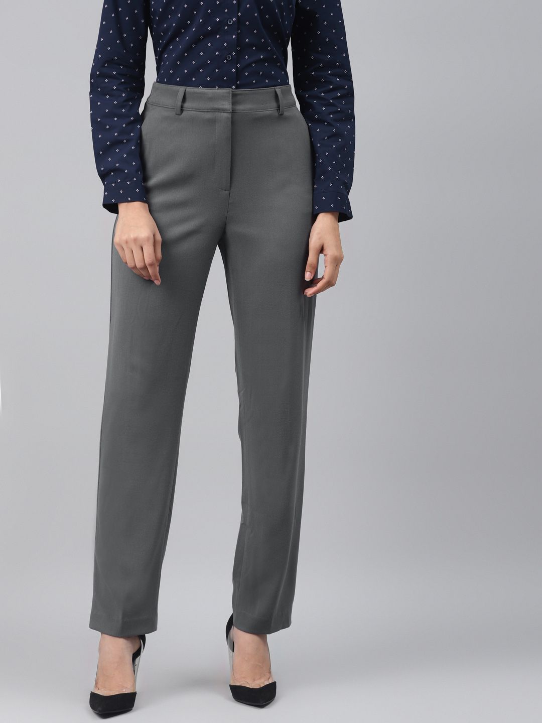 Marks & Spencer Women Charcoal Grey Straight Fit Solid Formal Trousers