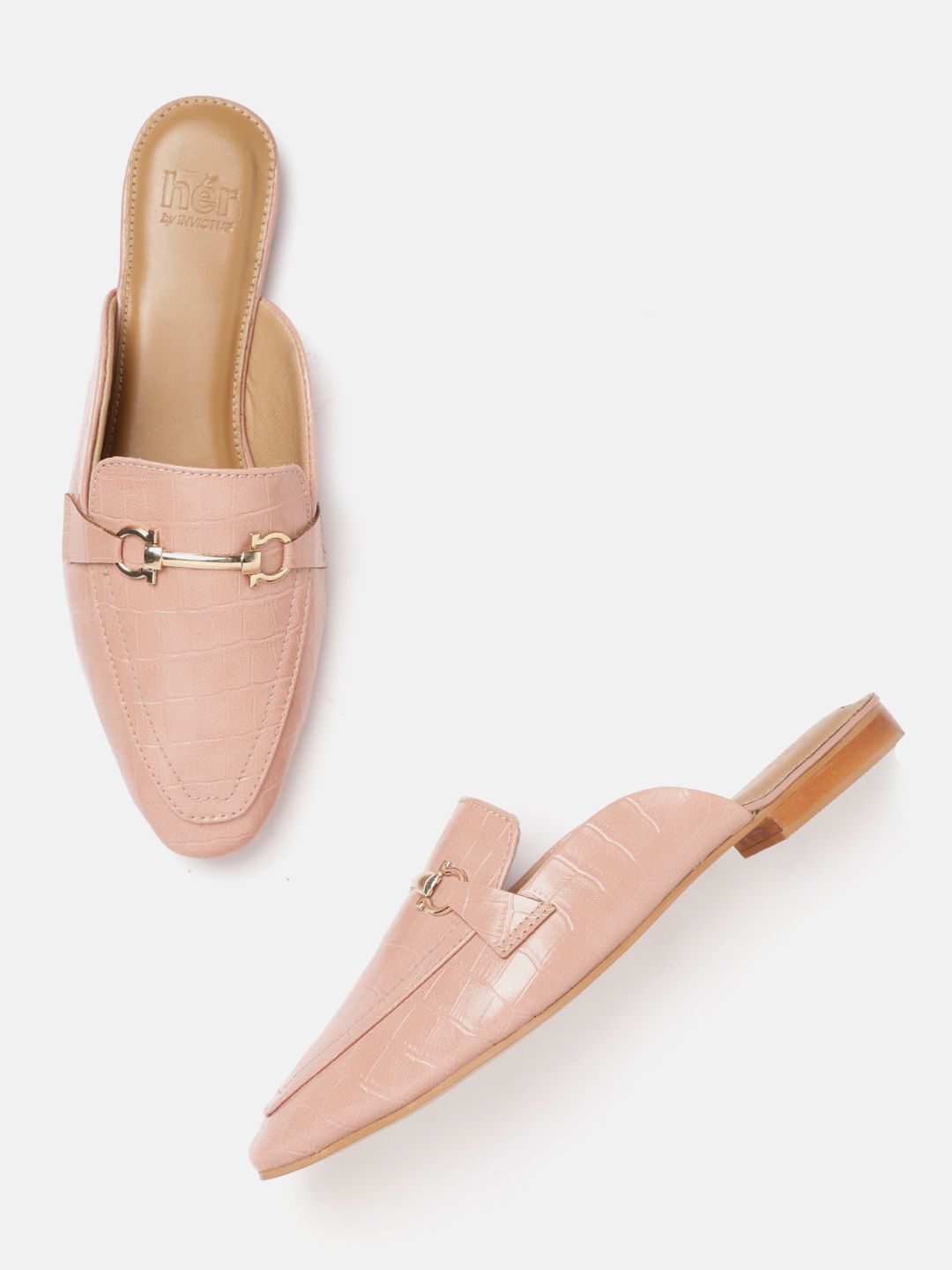 her by invictus Women Peach-Coloured Croc Textured Mules Price in India