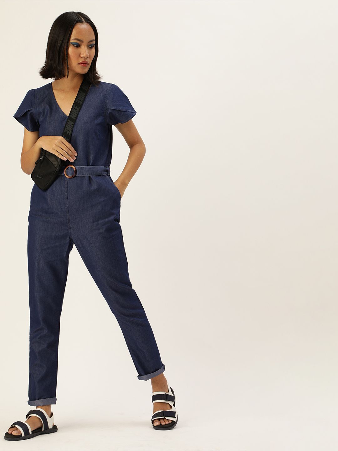 DressBerry Women Navy Blue Cotton Solid Basic Jumpsuit Price in India