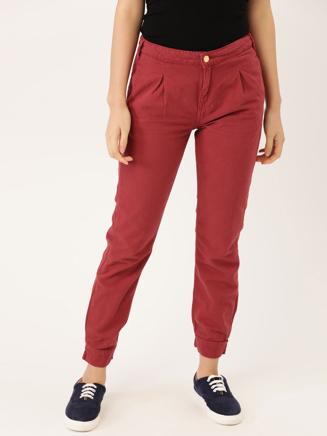 DressBerry Women Red Pure Cotton Pleated Joggers Trousers Price in India