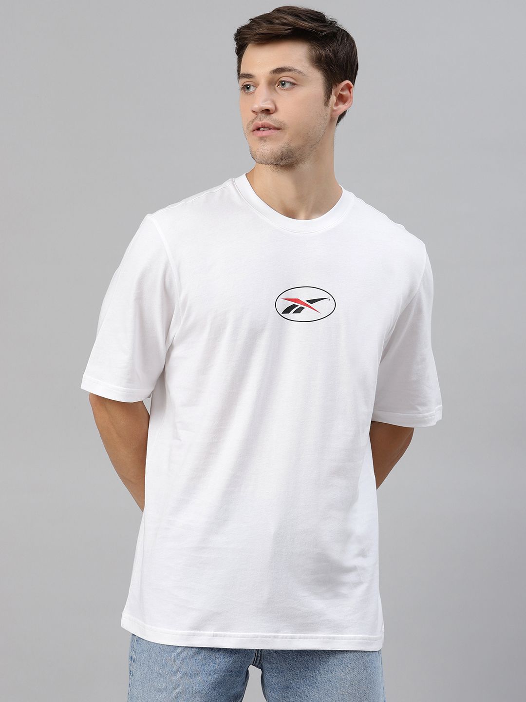 Reebok Classic Unisex White Glitch Brand Logo Printed Back Round Neck T-shirt Price in India