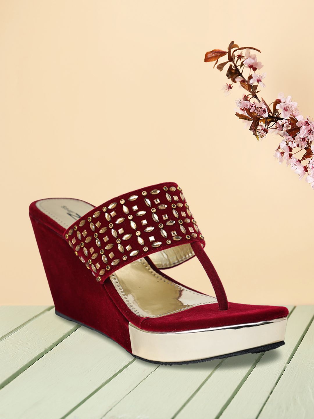 Shezone Women Maroon Embellished Wedges Price in India