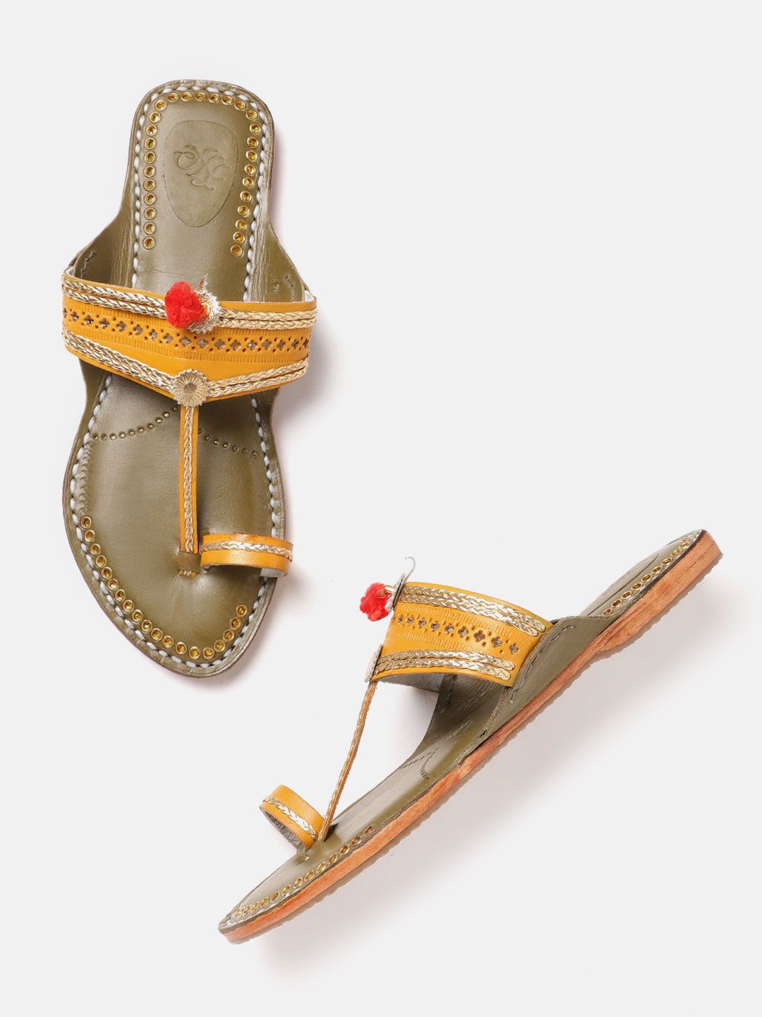 House of Pataudi Women Mustard Yellow & Gold-Toned Woven Design Handcrafted One Toe Flats