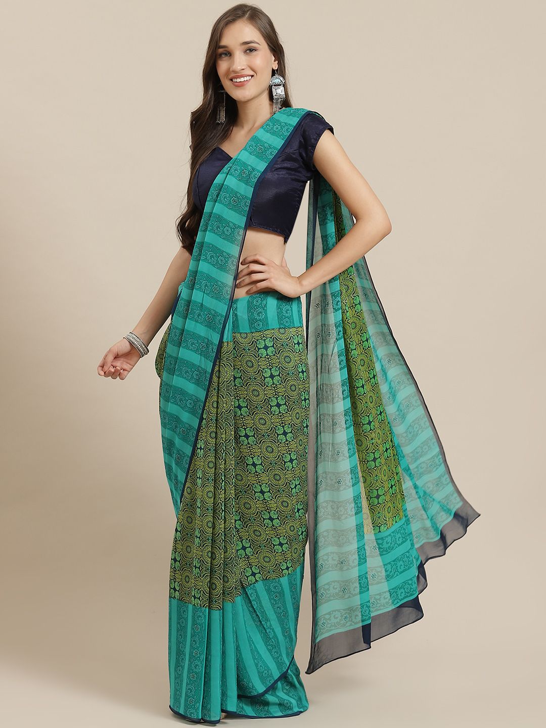 Nakshi Green & Yellow Printed Handloom Saree Price in India