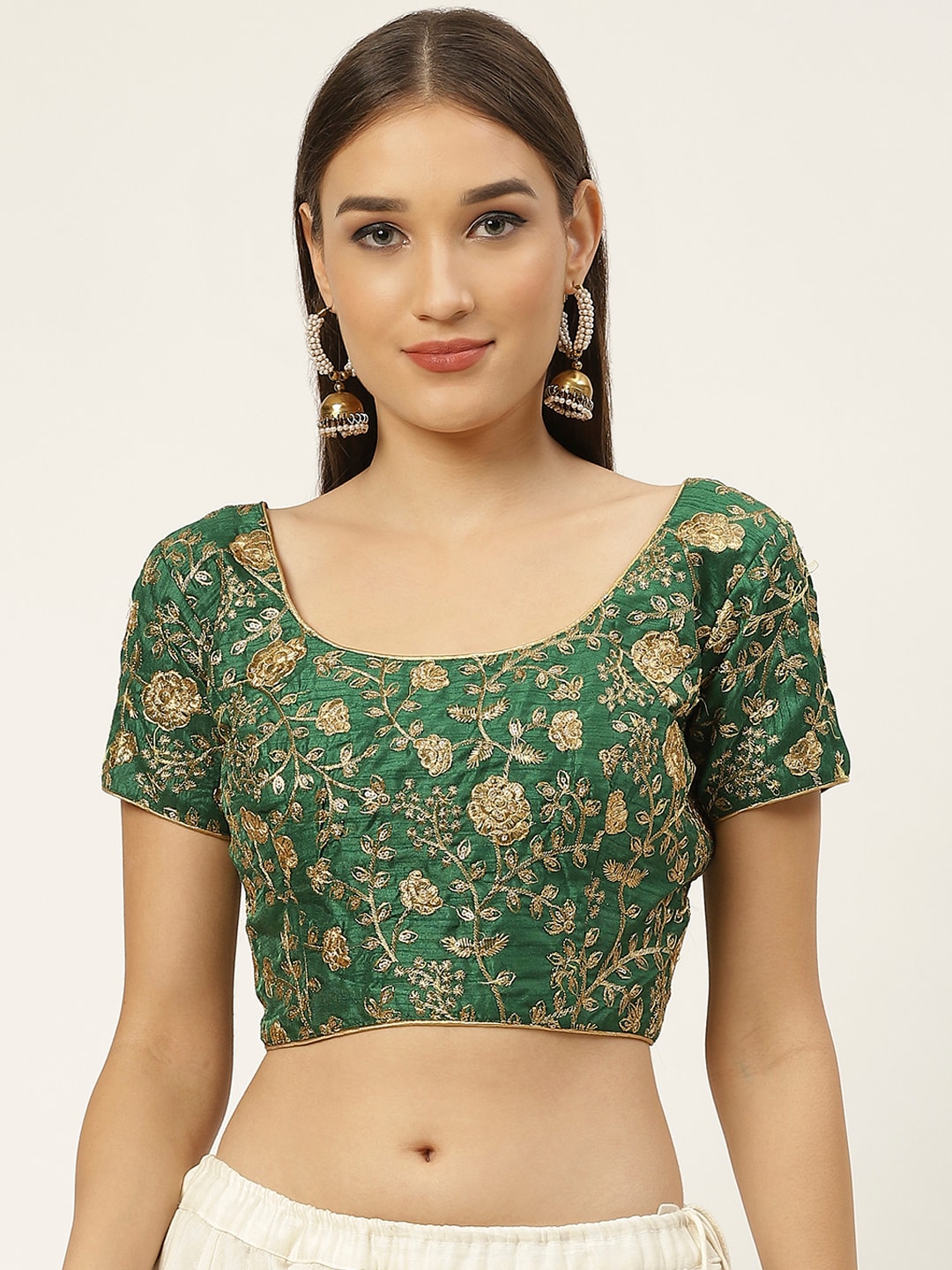 Studio Shringaar Women Green & Golden Embroidered Saree Blouse With Sequins Price in India