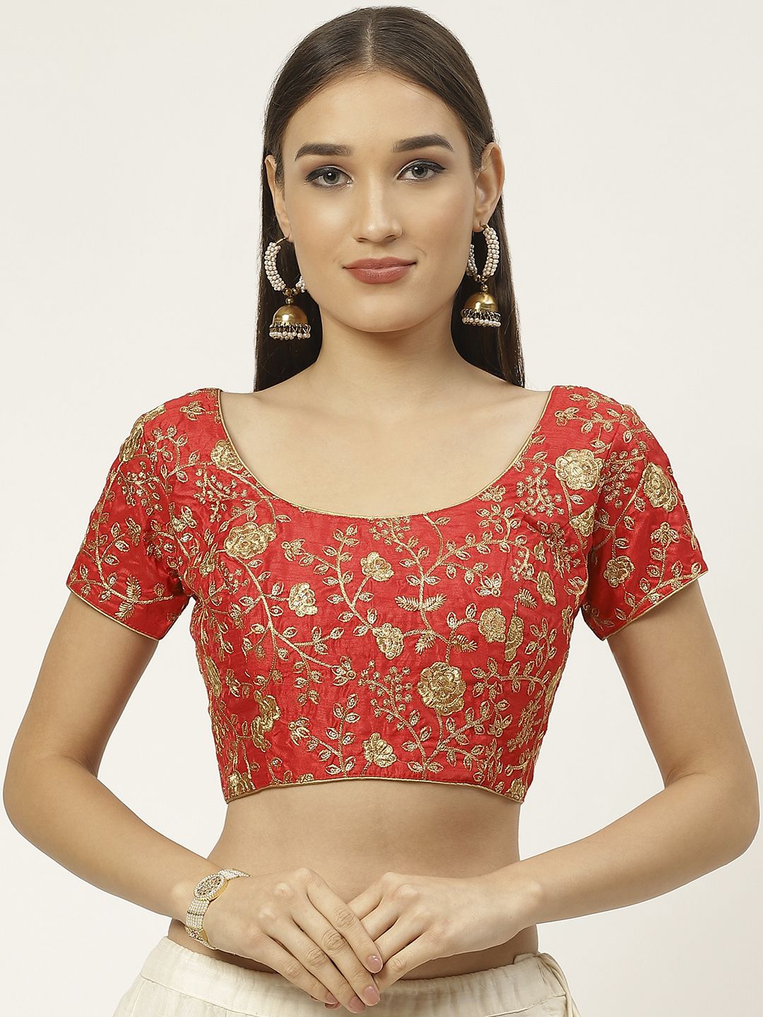Studio Shringaar Women Red & Golden Embroidered Saree Blouse With Sequins Price in India