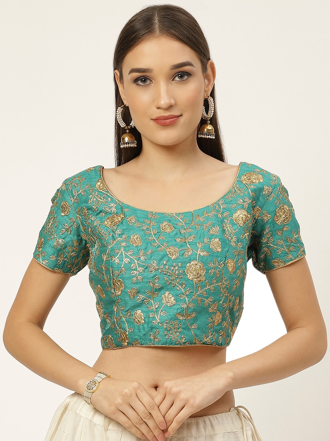 Studio Shringaar Women Turquoise Blue & Golden Embroidered Saree Blouse With Sequins Price in India
