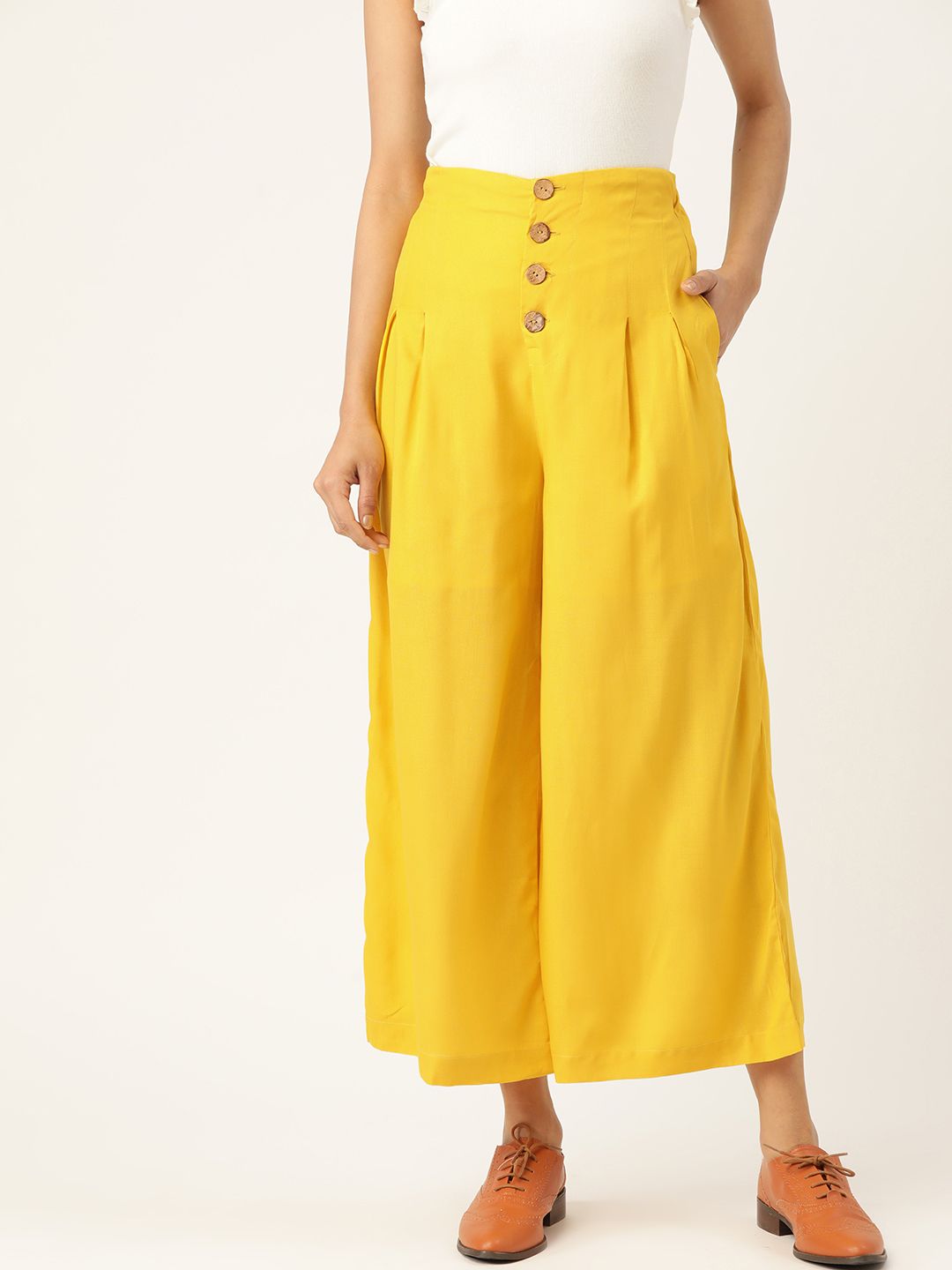 Shae by SASSAFRAS Women Yellow Regular Fit Solid Cropped Parallel Trousers Price in India