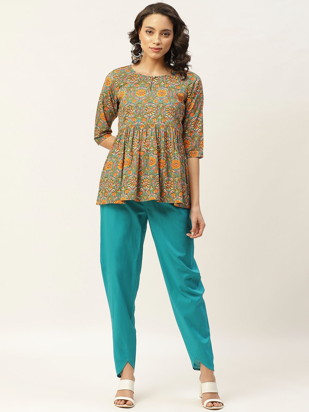 Shae by SASSAFRAS Women Teal Green & Coral Orange Cotton Printed A-line Top with Trousers Price in India