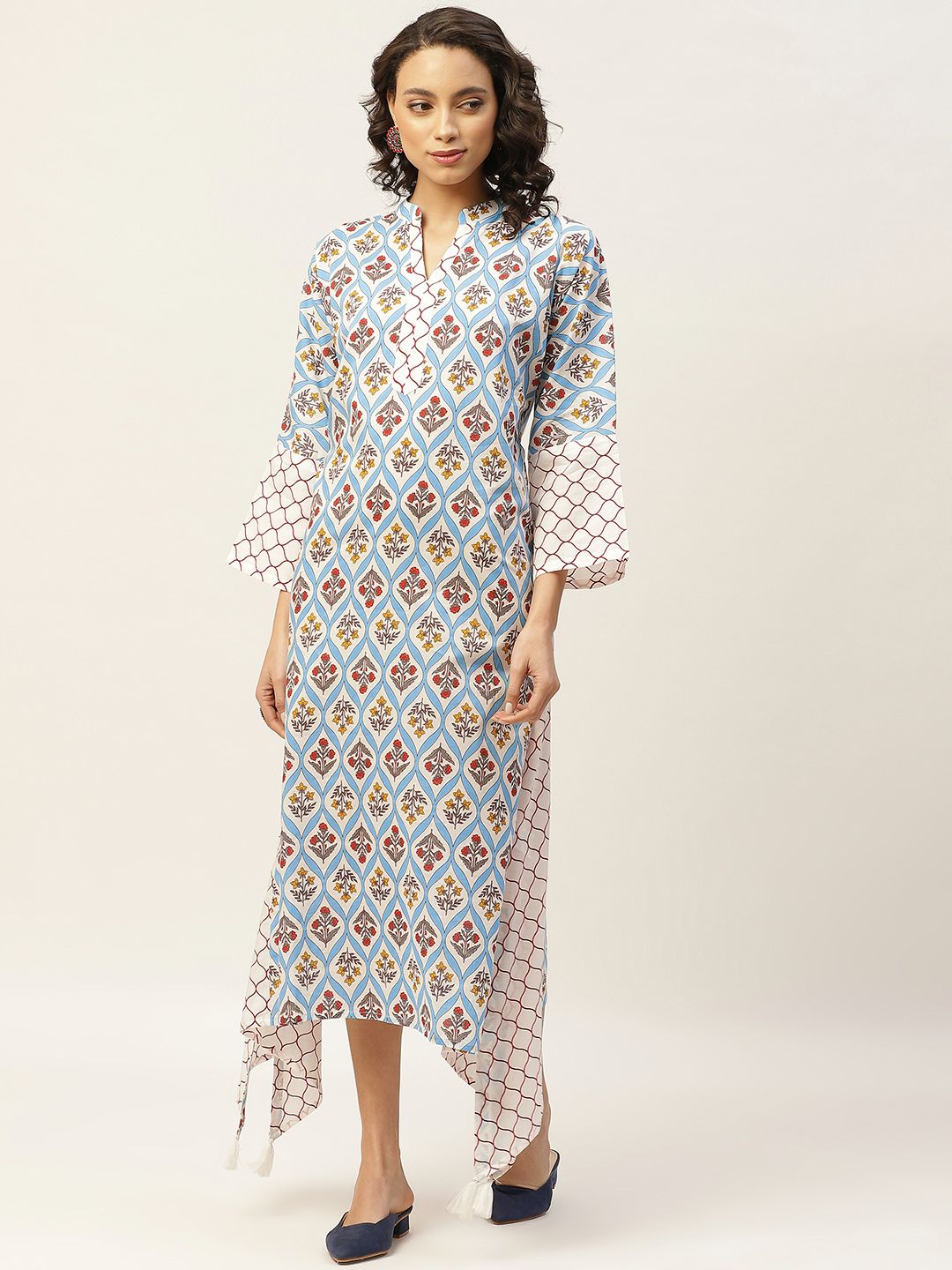 Shae by SASSAFRAS Women Blue & White Floral Printed Pure Cotton A-Line Dress Price in India