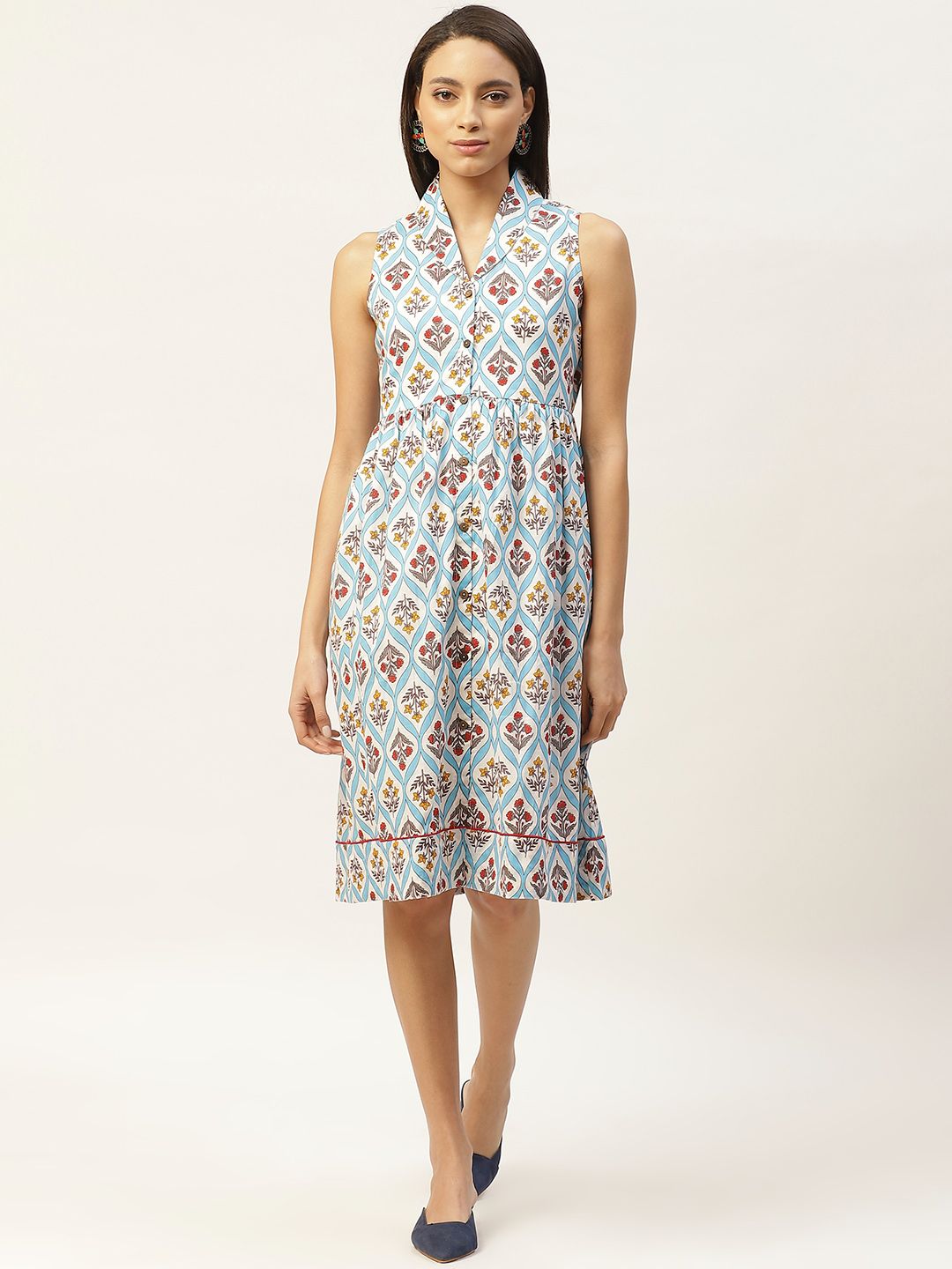 Shae by SASSAFRAS Women Blue & White Floral Printed Pure Cotton A-Line Dress Price in India