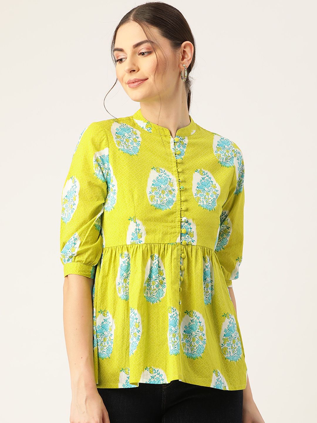 Shae by SASSAFRAS Green & Blue Ethnic Motifs Print Mandarin Collar Puff Sleeves Top