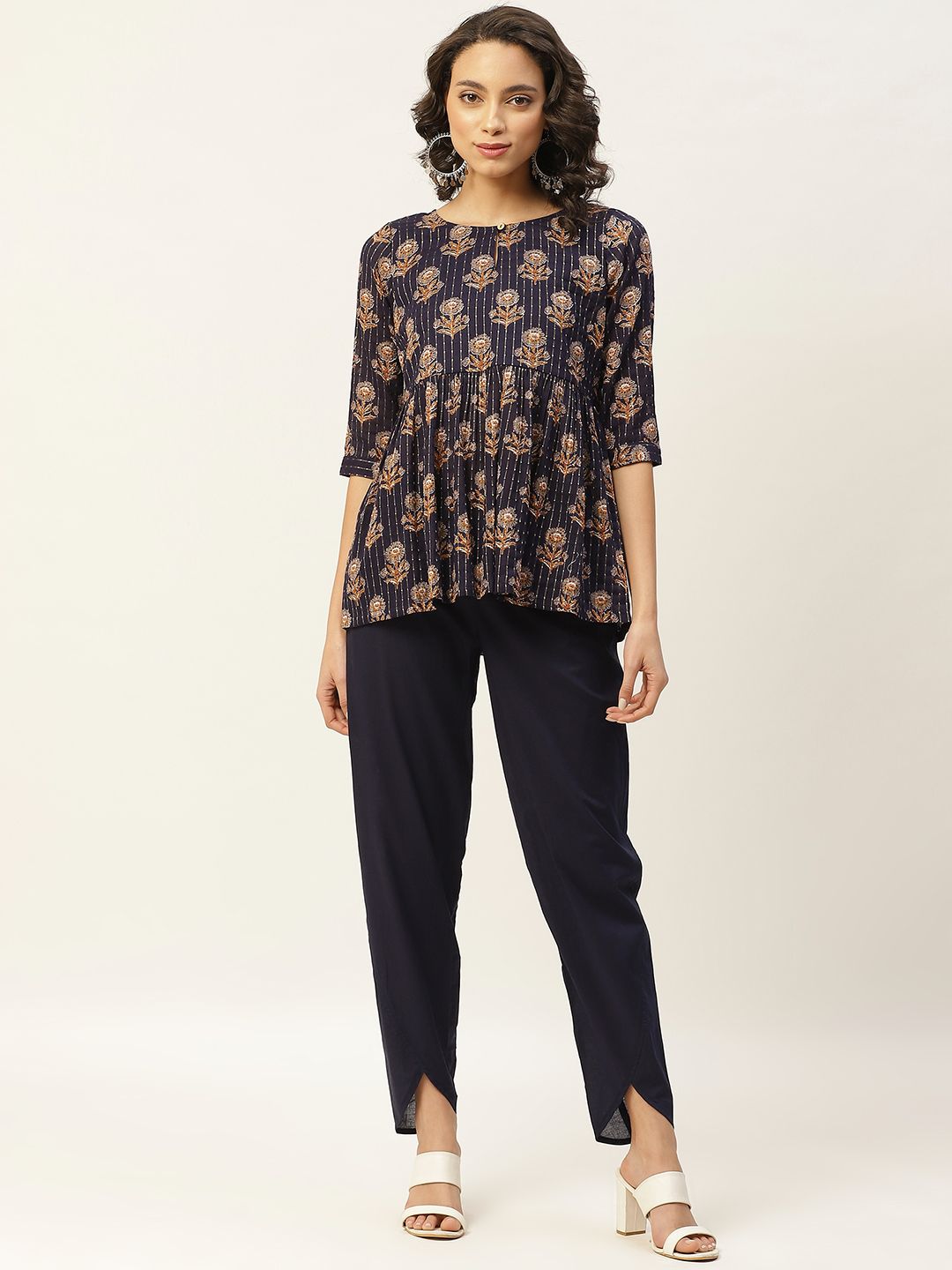 Shae by SASSAFRAS Women Navy Blue & Beige Cotton Printed A-line Top with Trousers Price in India