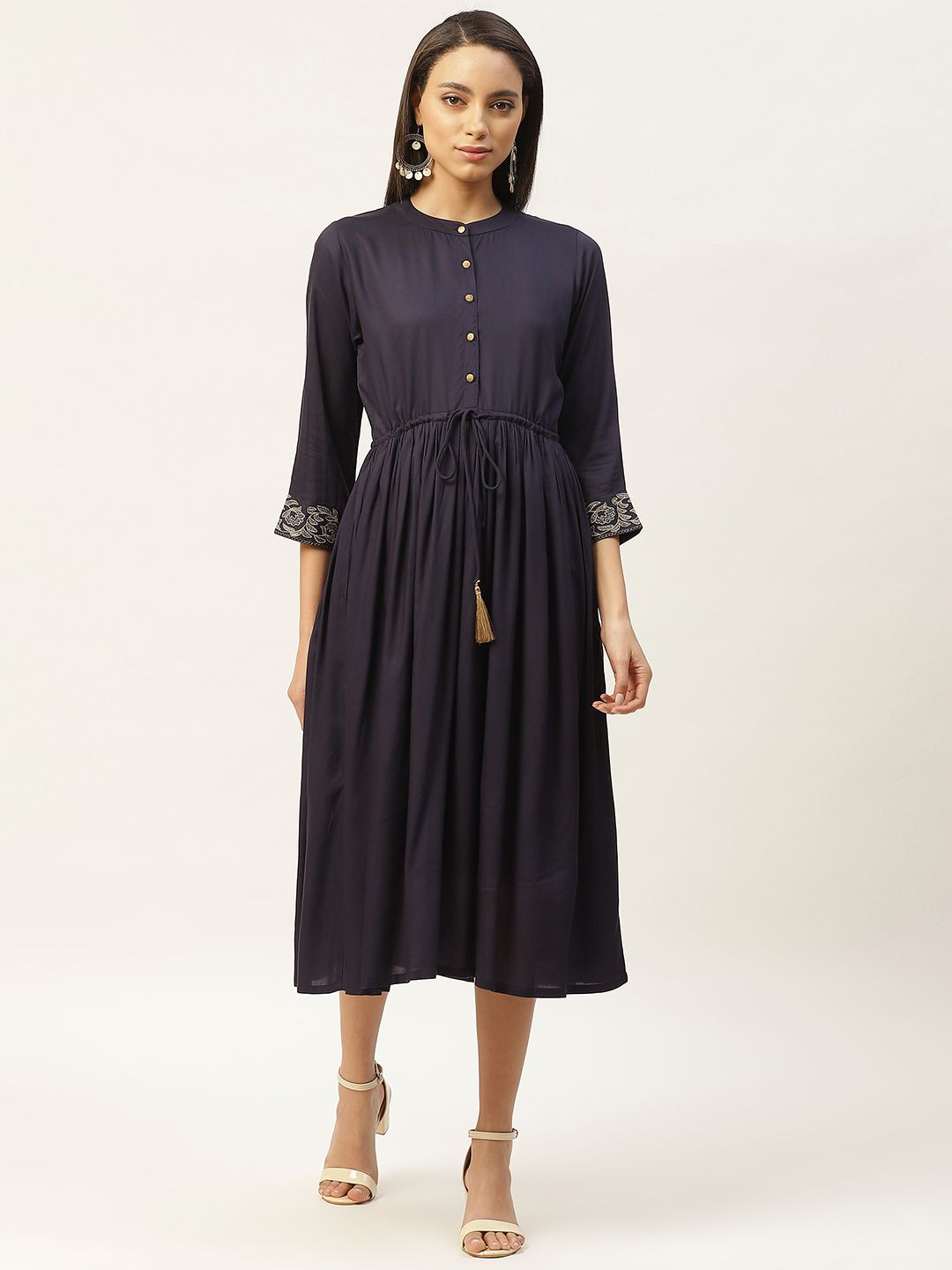 Shae by SASSAFRAS Women Navy Blue Solid A-Line Dress With Tie-Ups Price in India