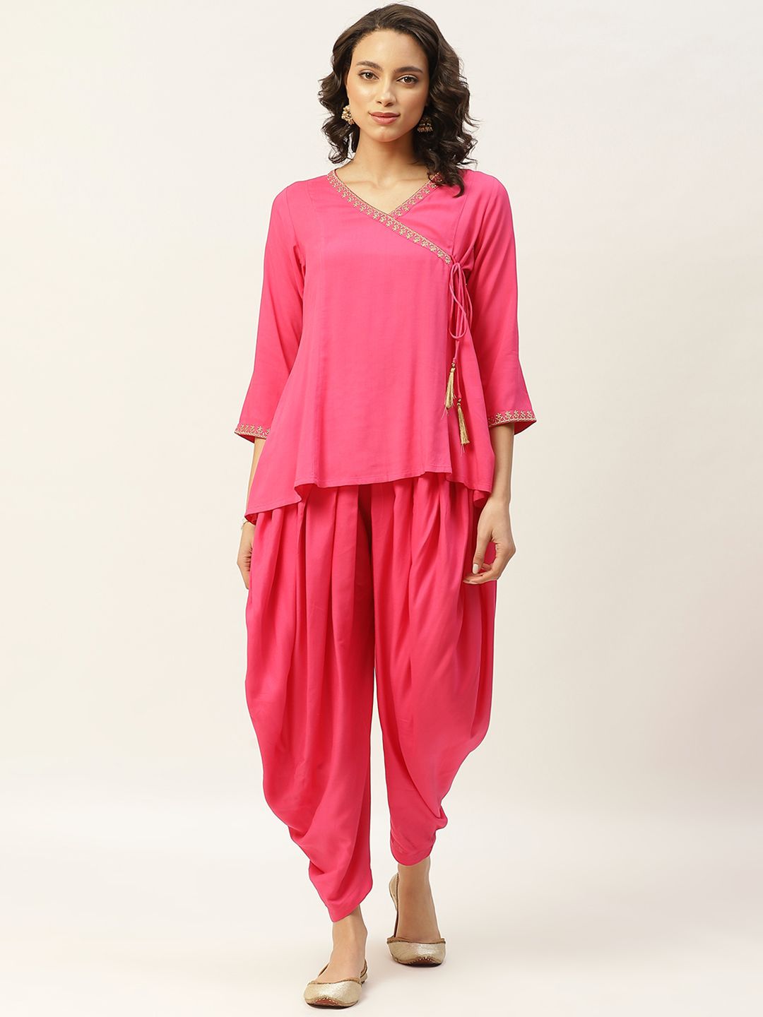 Shae by SASSAFRAS Women Pink Solid Angrakha Top with Dhoti Pants Price in India