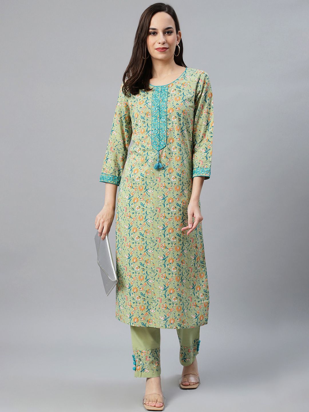 Anubhutee Women Green & Blue Printed Kurta with Trousers Price in India