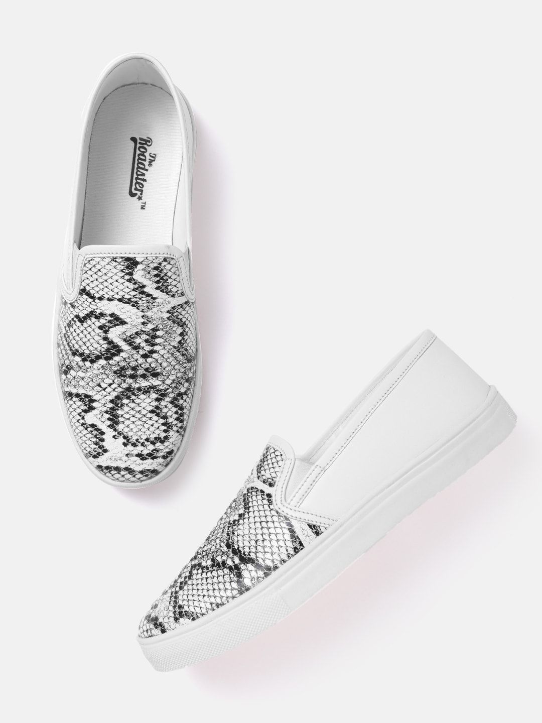 The Roadster Lifestyle Co Women White & Black Snakeskin Print Slip-On Sneakers Price in India