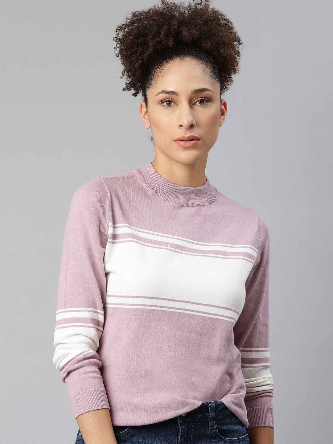 Roadster Women Lavender & White Striped Round Neck T-shirt