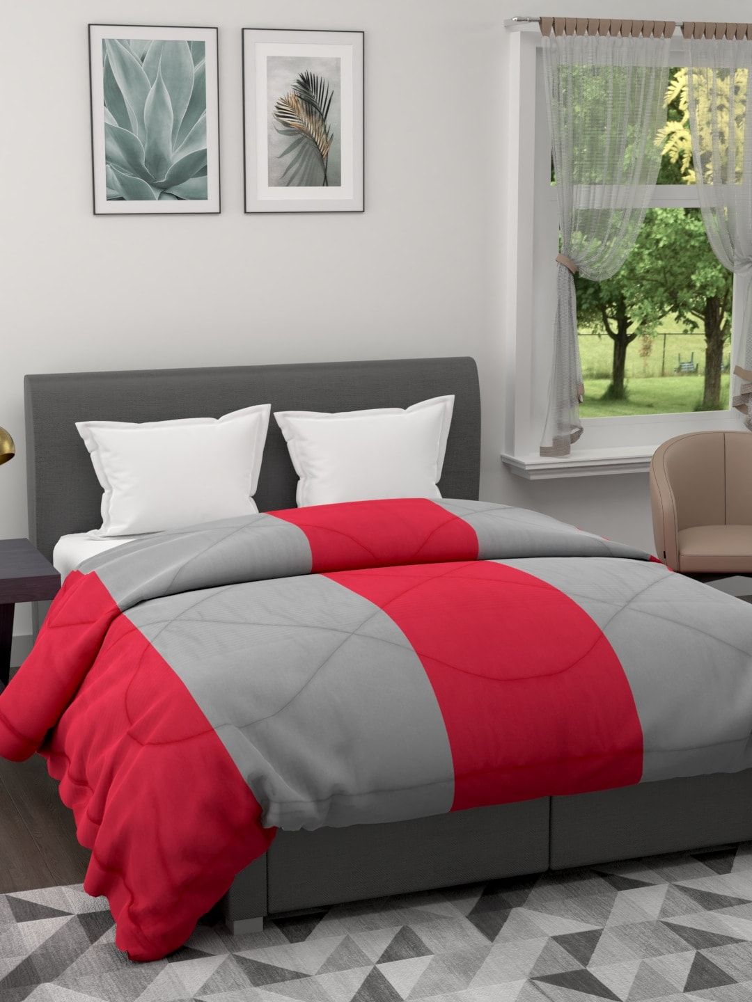 Clasiko Grey & Red Striped AC Room 120 GSM Reversible Double Bed Quilt Price in India