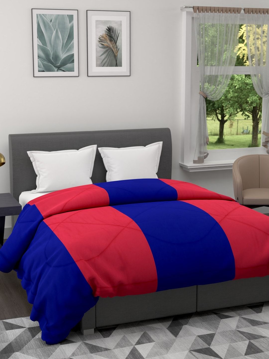 Clasiko Navy Blue & Red Striped AC Room 120 GSM Double Bed Quilt Price in India