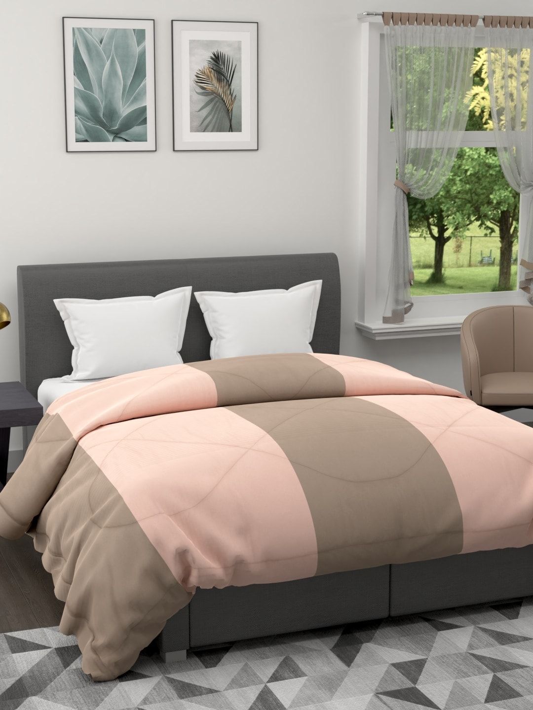 Clasiko Peach-Coloured & Taupe Striped AC Room 120 GSM Reversible Double Bed Quilt Price in India