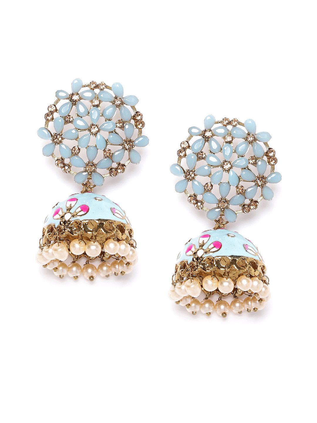 Carlton London Blue & Cream-Coloured Gold-Plated Handcrafted Stone-Studded Jhumkas Price in India