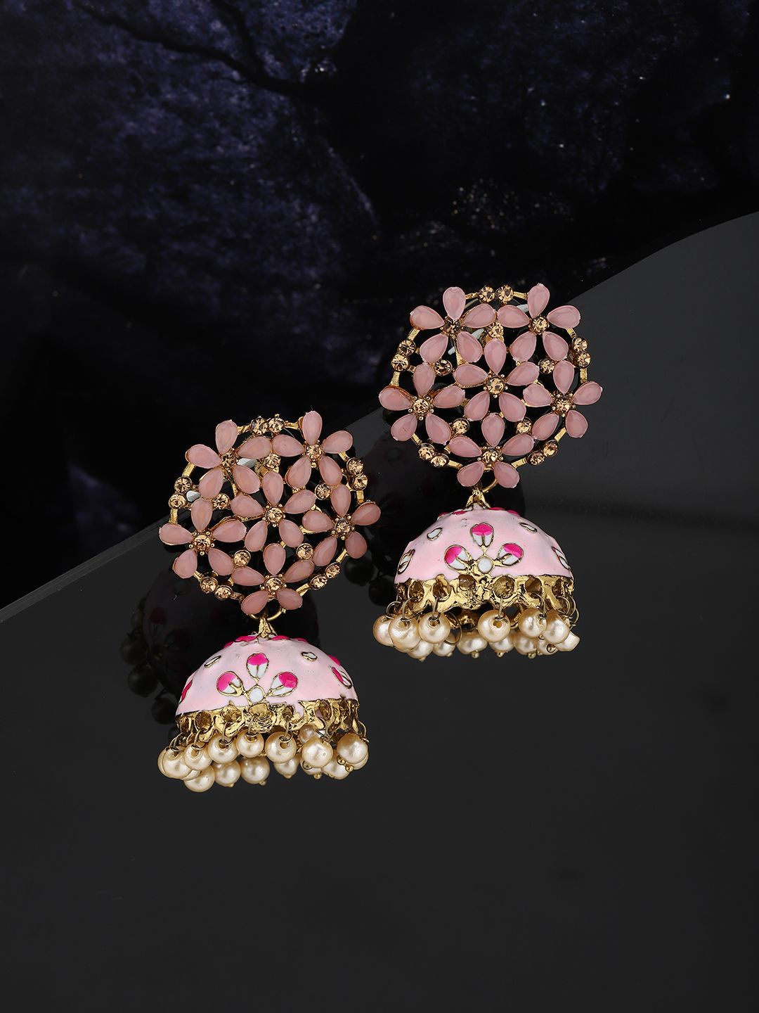 Carlton London Pink & Off-White Gold-Plated Stone Studded Handcrafted Dome Shaped Jhumkas Price in India