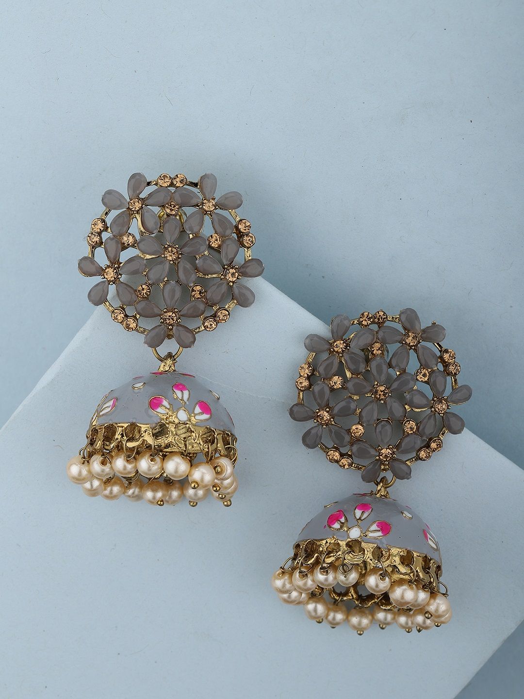Carlton London Grey & Off-White Gold-Plated Stone-Studded Handcrafted Dome Shaped Jhumkas Price in India