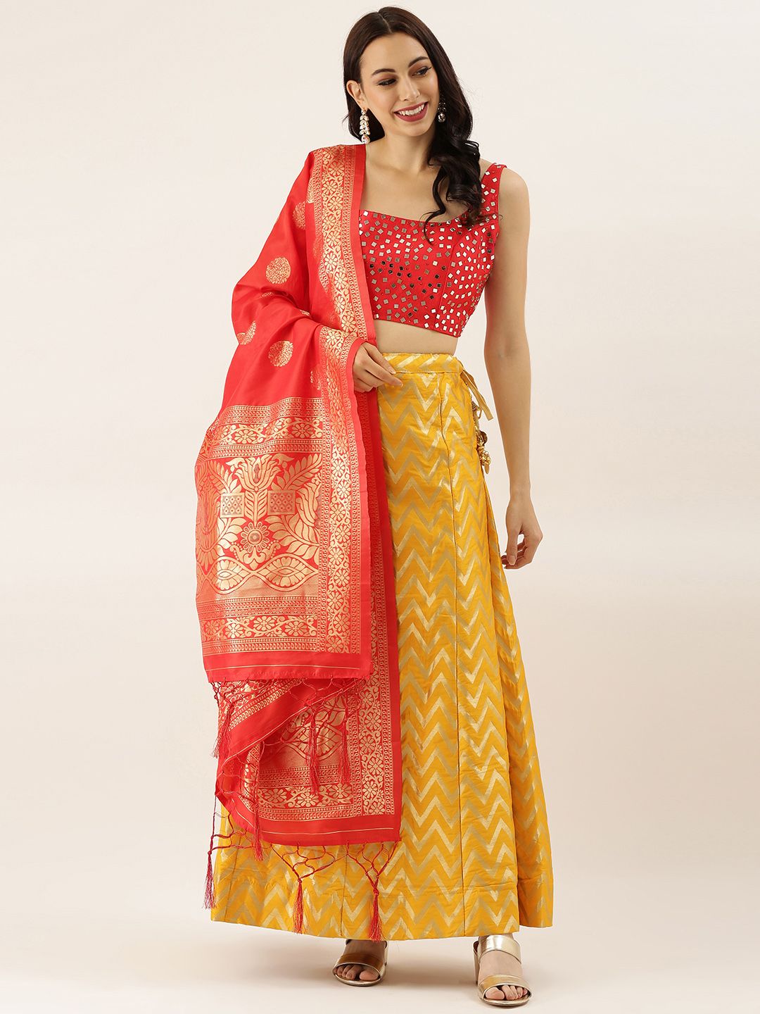 LADUSAA Yellow & Red Woven Design Semi-Stitched Lehenga & Blouse with Dupatta