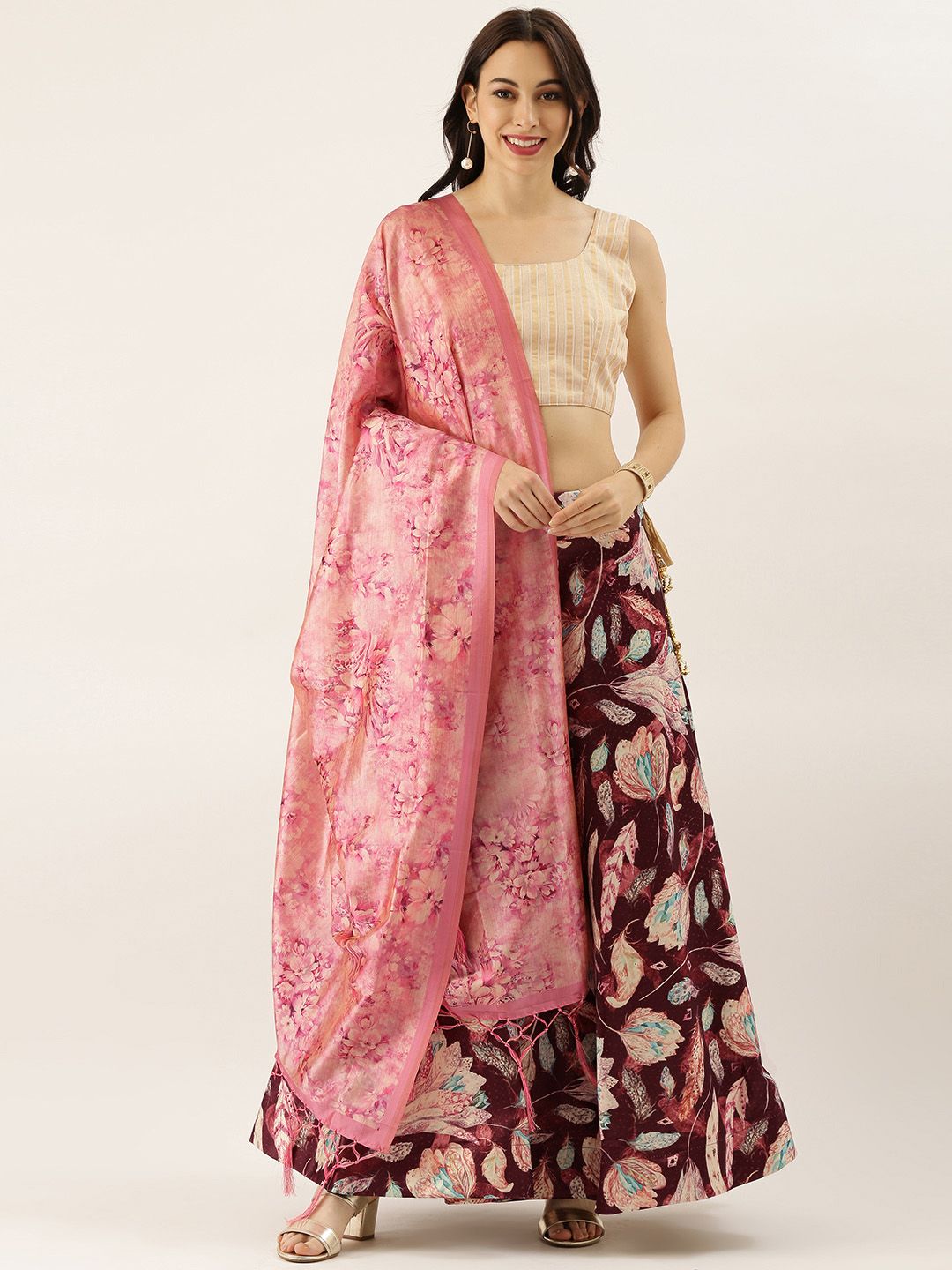 LADUSAA Burgundy & Off-White Printed Semi-Stitched Lehenga & Unstitched Blouse with Dupatta Price in India