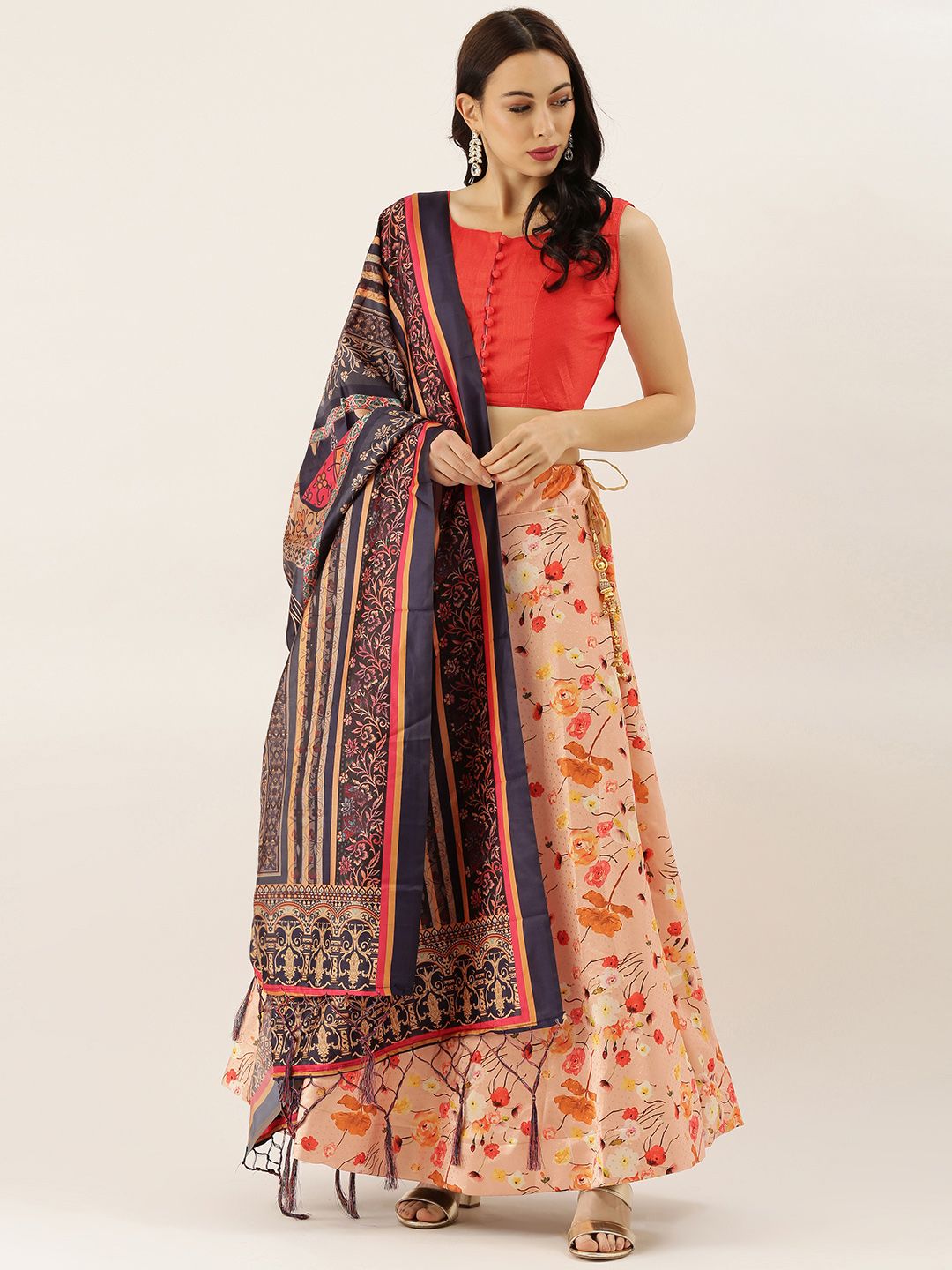 LADUSAA Orange & Peach-Coloured Solid Semi-Stitched Lehenga & Unstitched Blouse with Dupatta Price in India