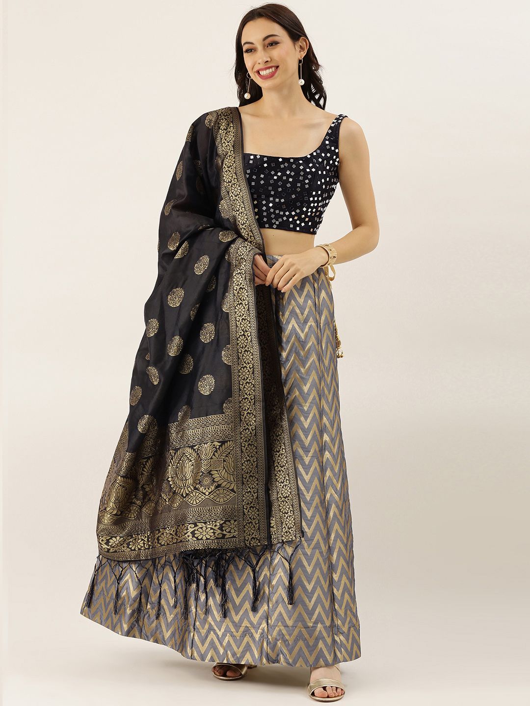 LADUSAA Grey Woven Designed Unstitched Lehenga & Semi-Stitched Blouse with Dupatta