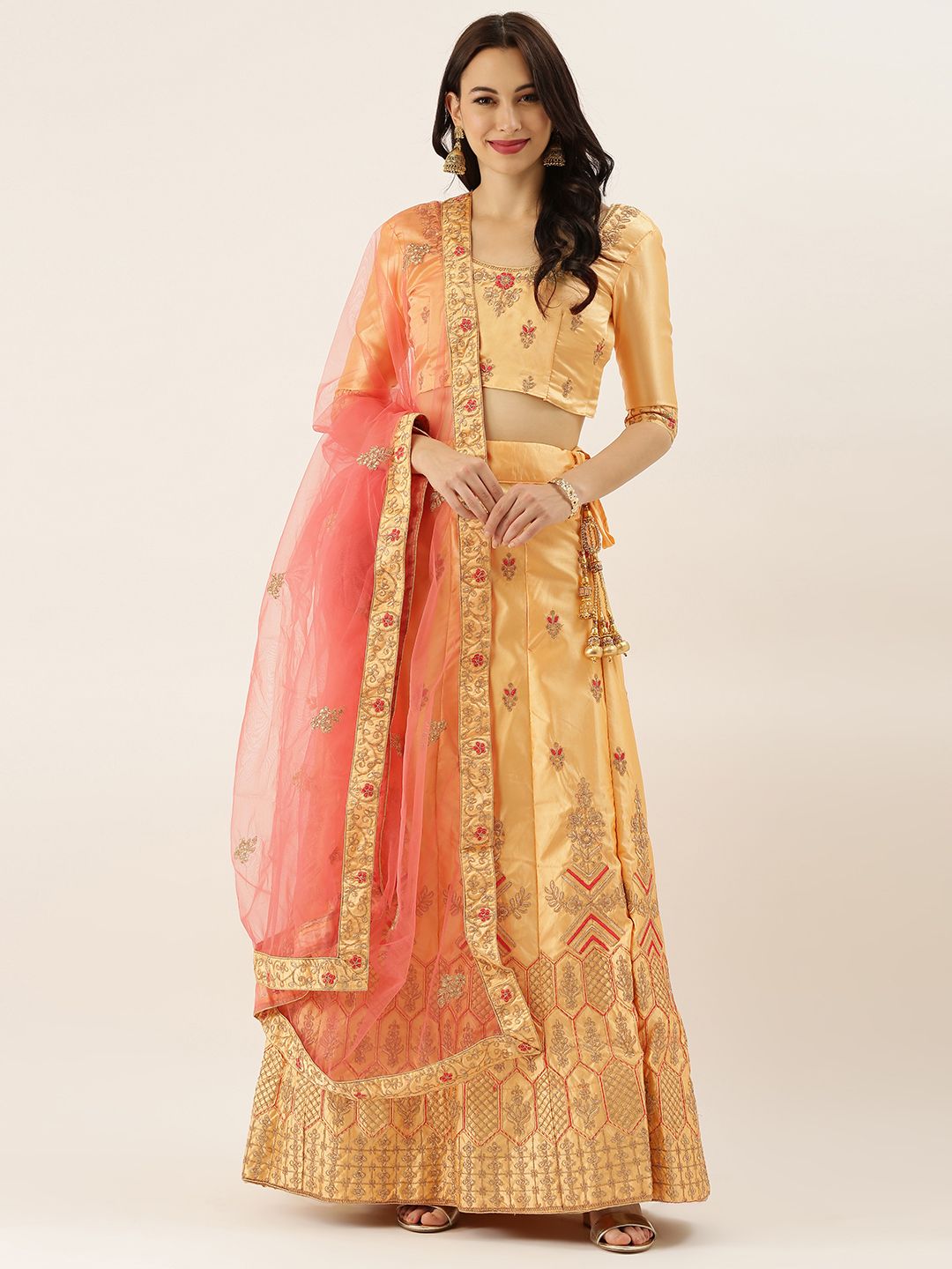 LADUSAA Cream-Coloured Embroidered Semi-Stitched Lehenga & Unstitched Blouse with Dupatta