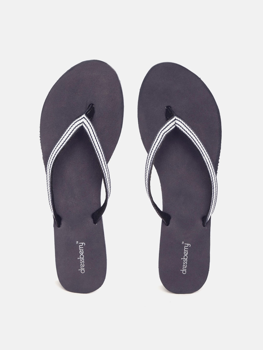 DressBerry Women White & Navy Blue Striped Heeled Thong Flip-Flops Price in India