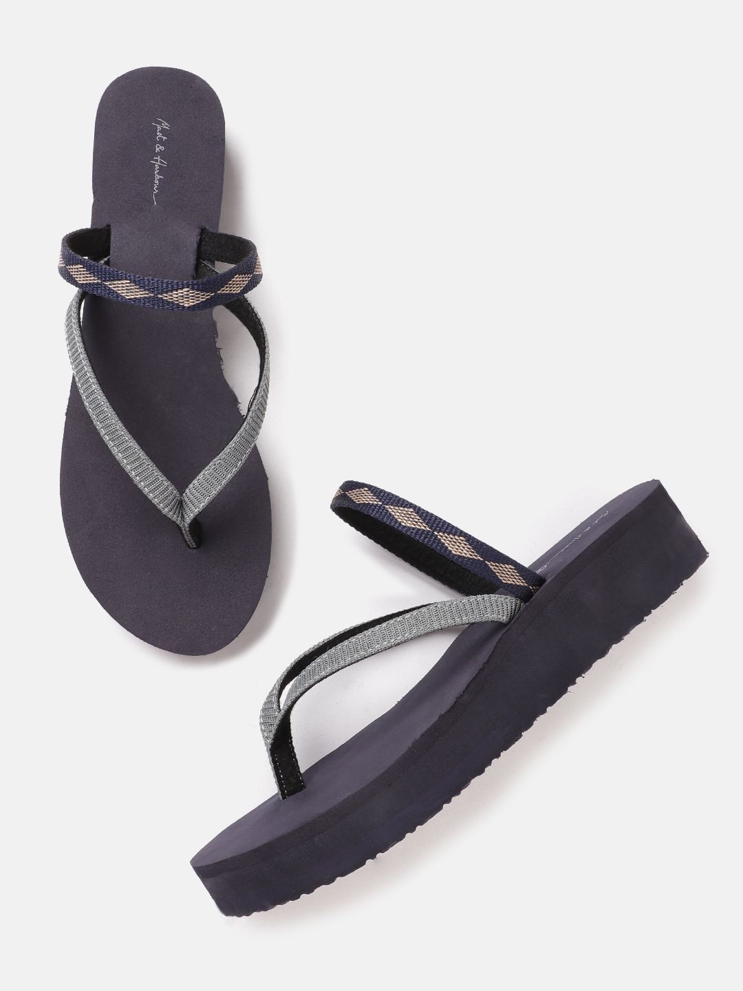 Mast & Harbour Women Grey & Navy Blue Woven Design Handcrafted Flip-Flops Price in India