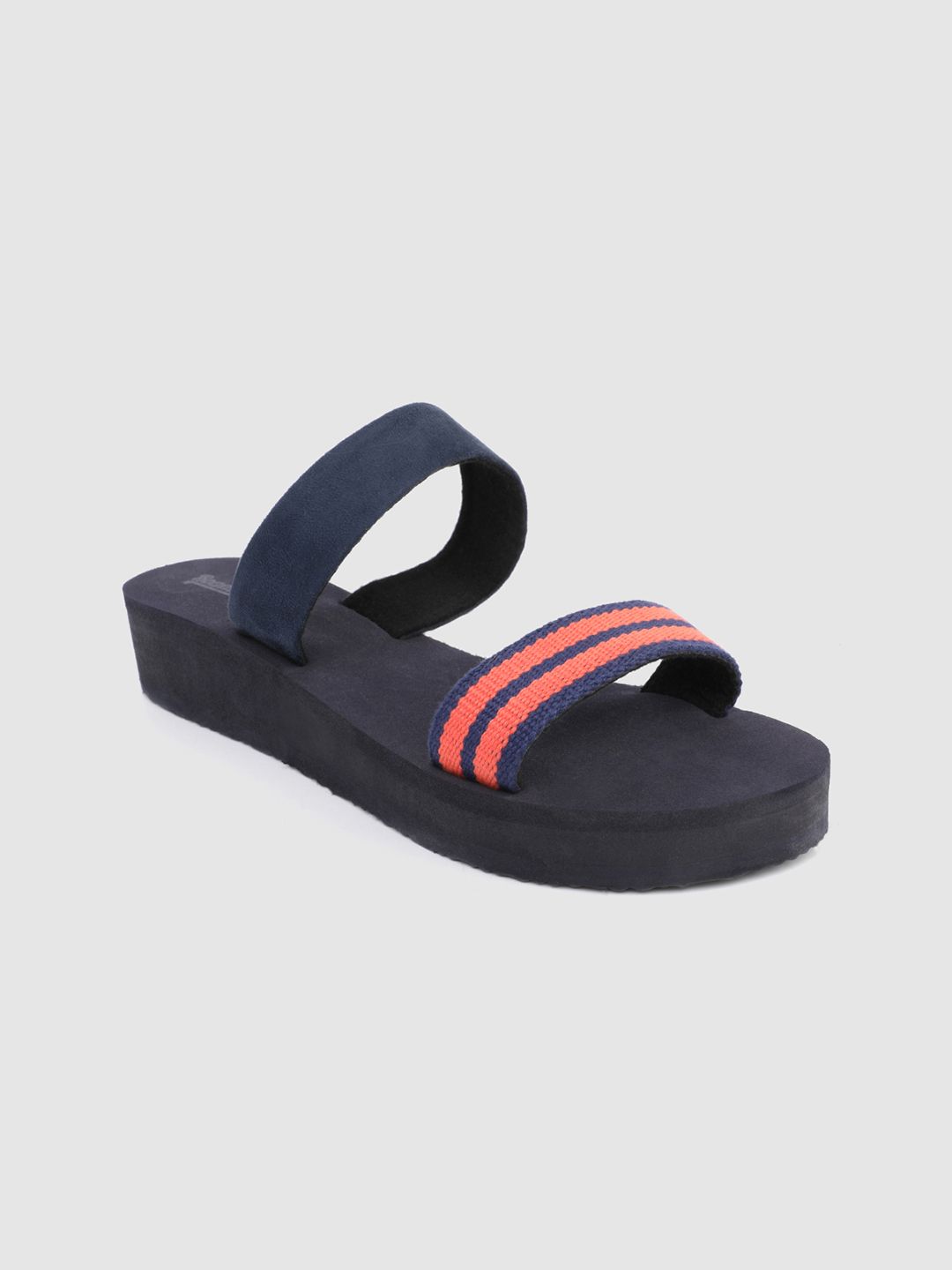 The Roadster Lifestyle Co Women Navy Blue & Peach-Coloured Striped Flip Flops Price in India