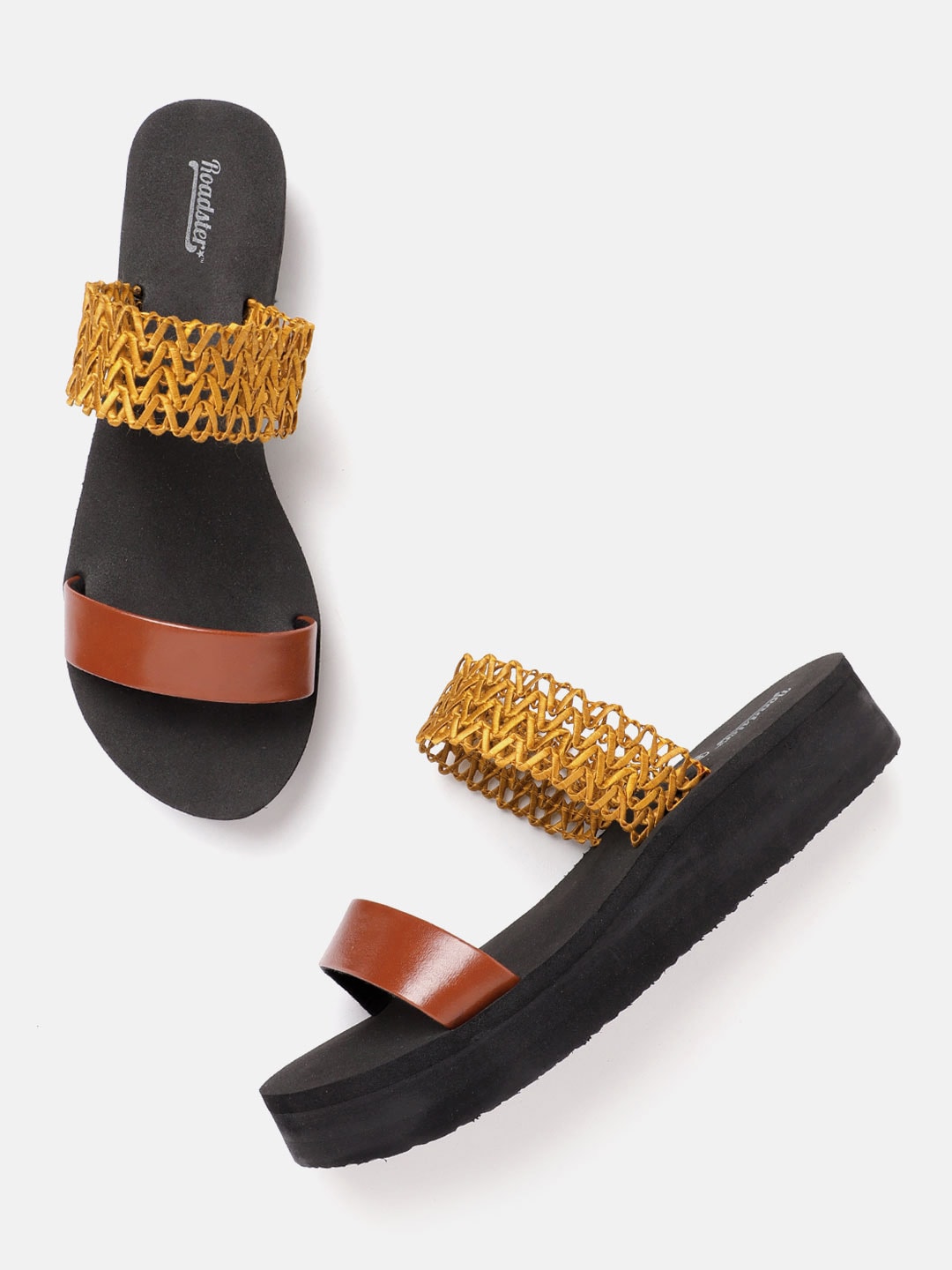 The Roadster Lifestyle Co Women Brown & Mustard Yellow Woven Design Handcrafted Heeled Flip Flops Price in India