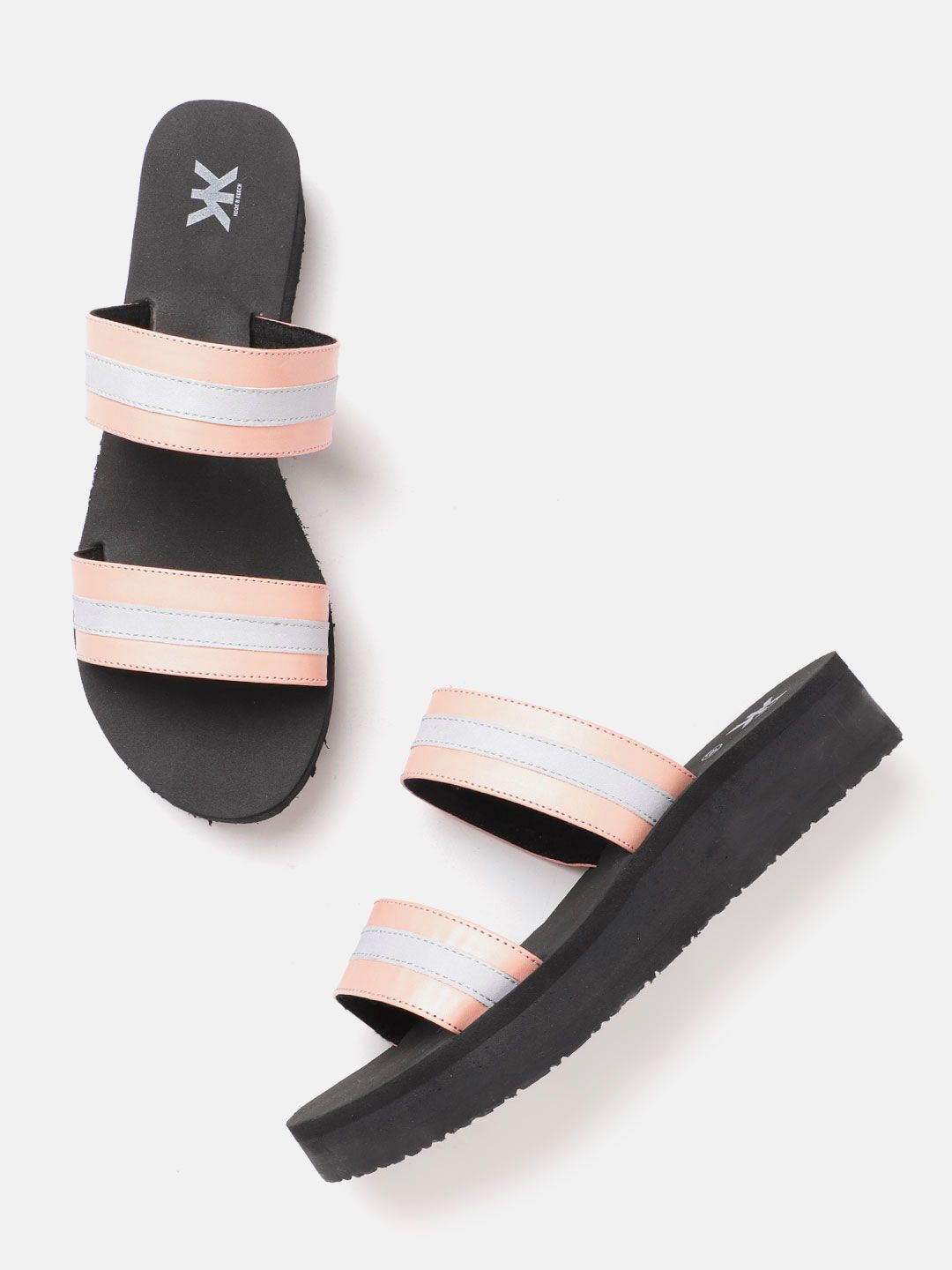 Kook N Keech Women Peach-Coloured & Grey Striped Handcrafted Flip Flops Price in India