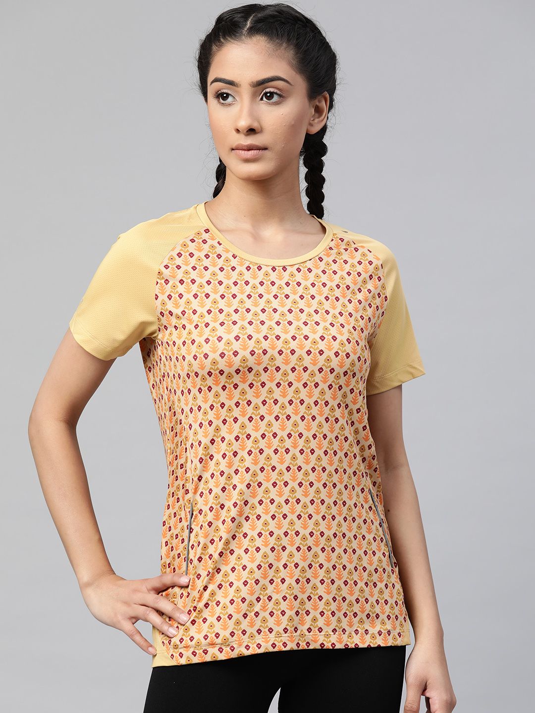 Alcis Women Beige & Purple Printed Round Neck T-shirt Price in India