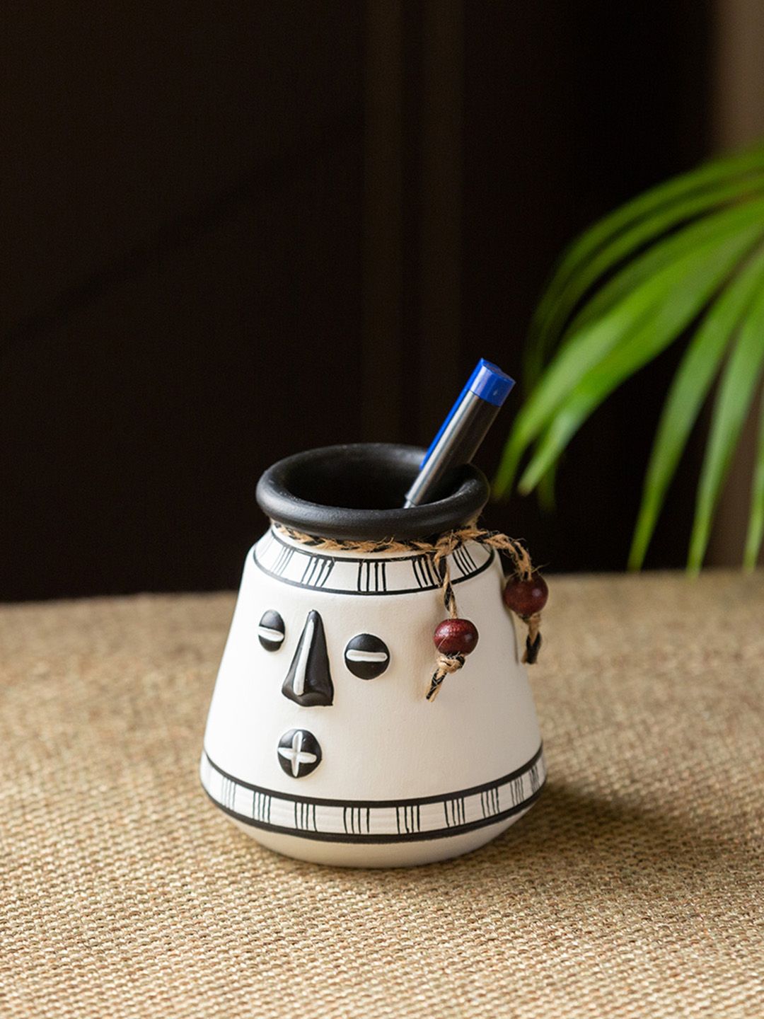 ExclusiveLane White & Black Hand-Painted Terracotta Stationery Holder Price in India