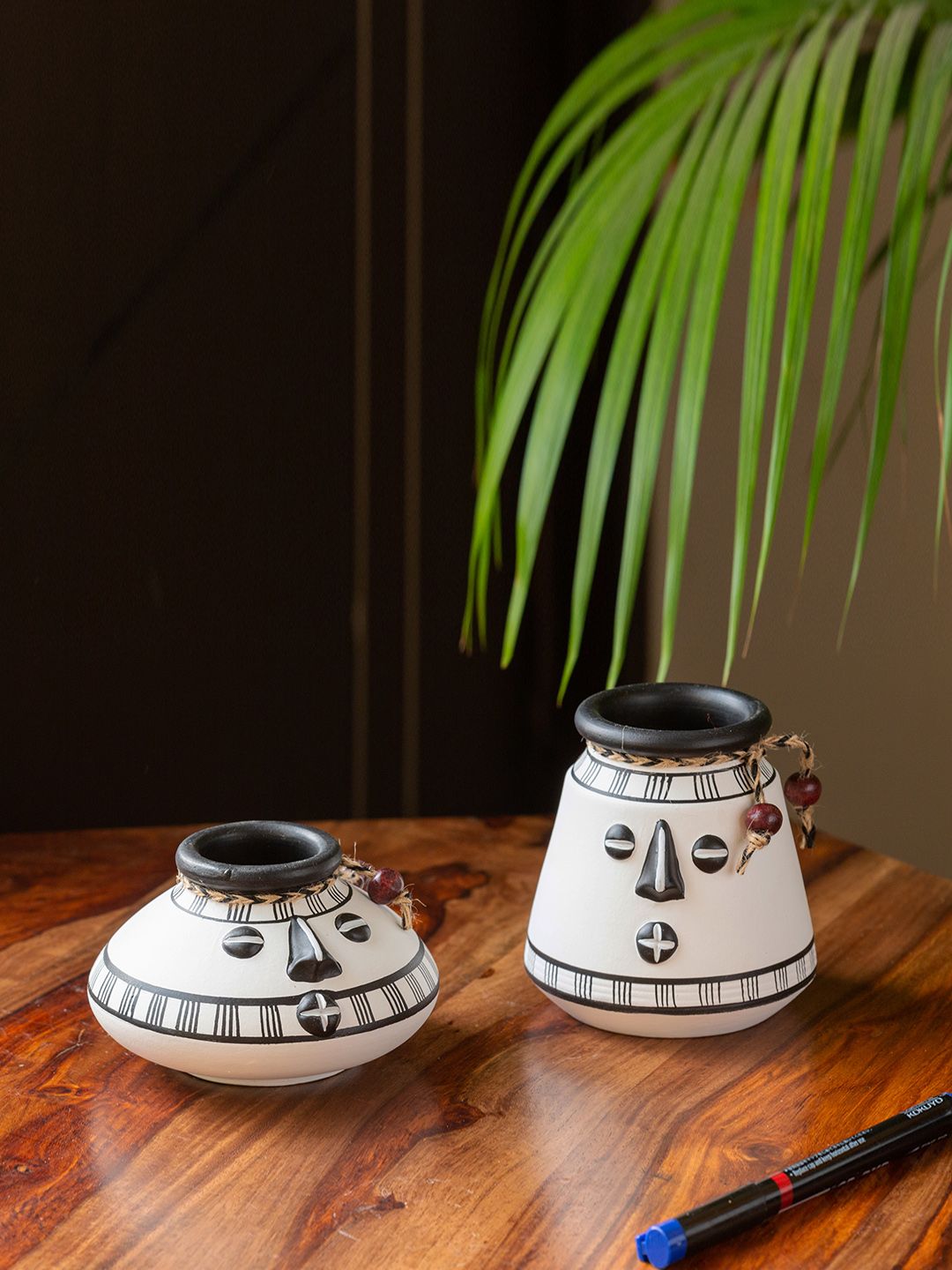 ExclusiveLane Set Of 2 White & Black Hand Painted Terracotta Miniature Pots Price in India