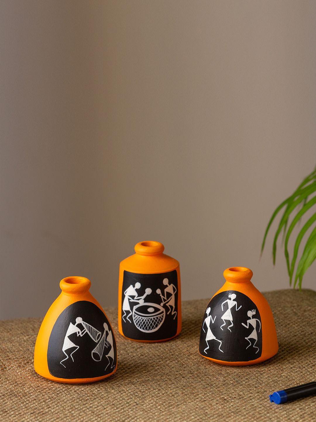 ExclusiveLane Set of 3 Orange & Black Hand-Painted Terracotta Miniature Pots Showpieces Price in India
