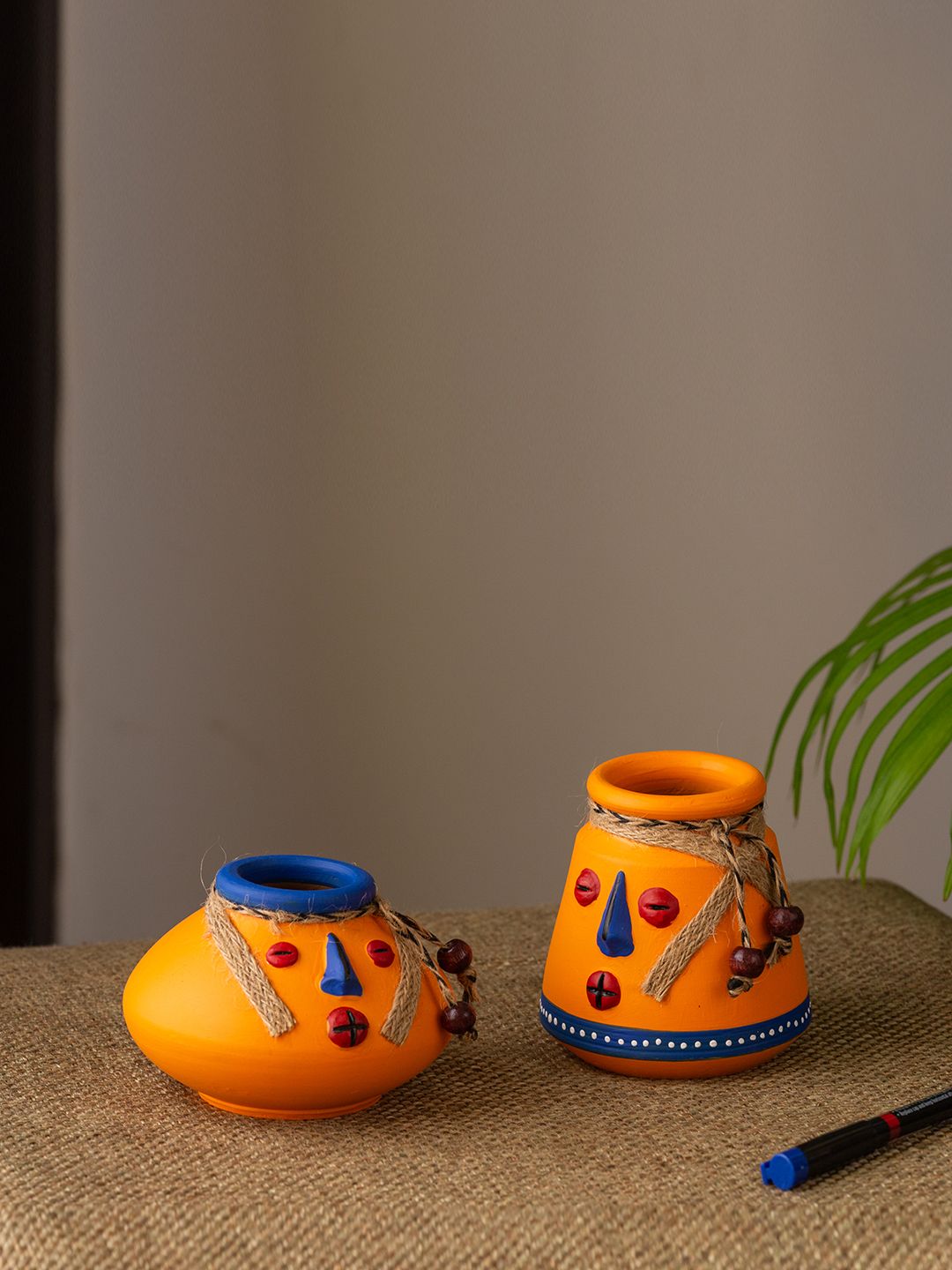 ExclusiveLane Set of 2 Orange & Blue Hand-Painted Terracotta Miniature Pots Showpiece Price in India