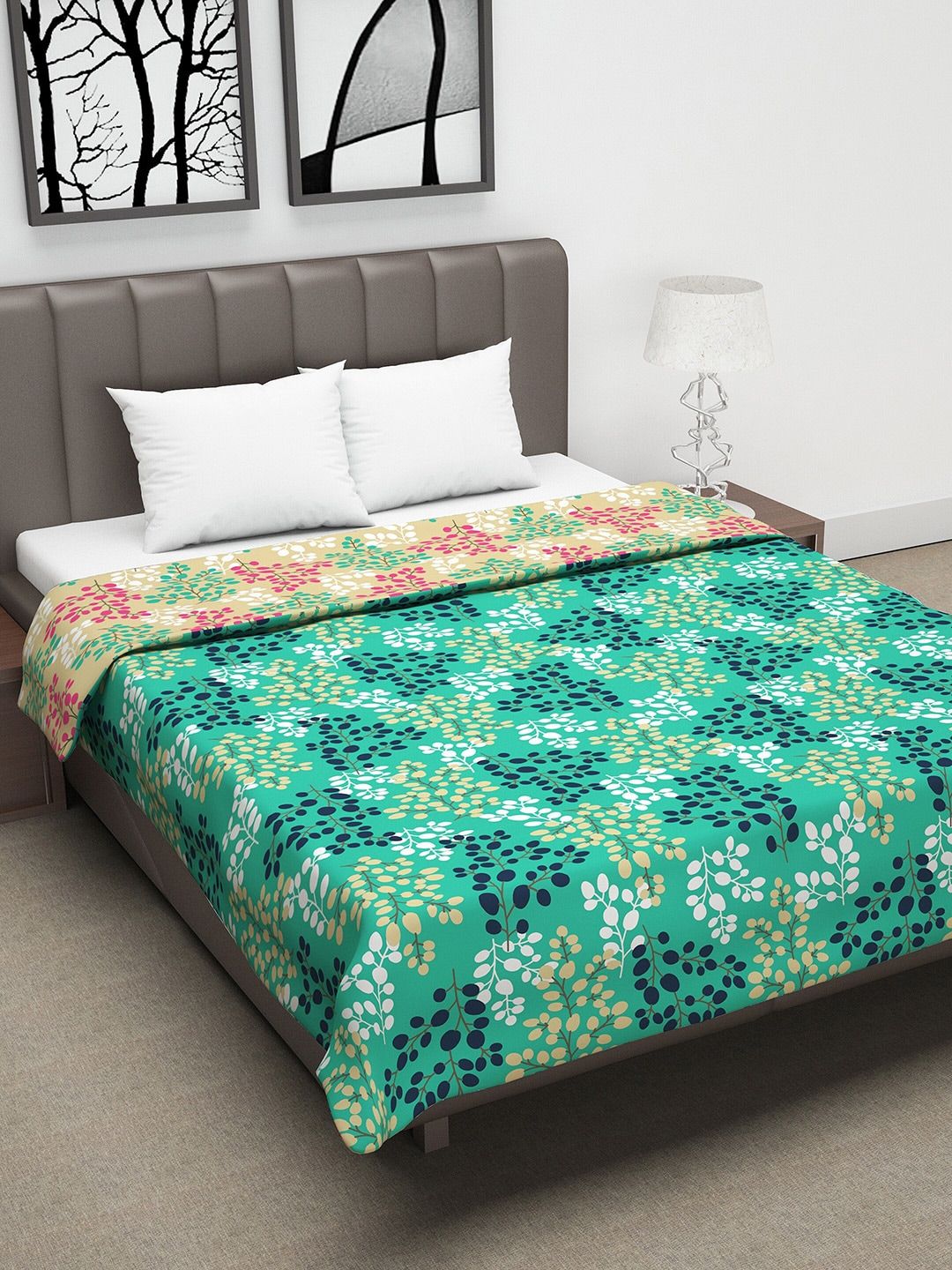Divine Casa Green & Yellow Abstract AC Room 110 GSM Reversible Double Bed Dohar Price in India