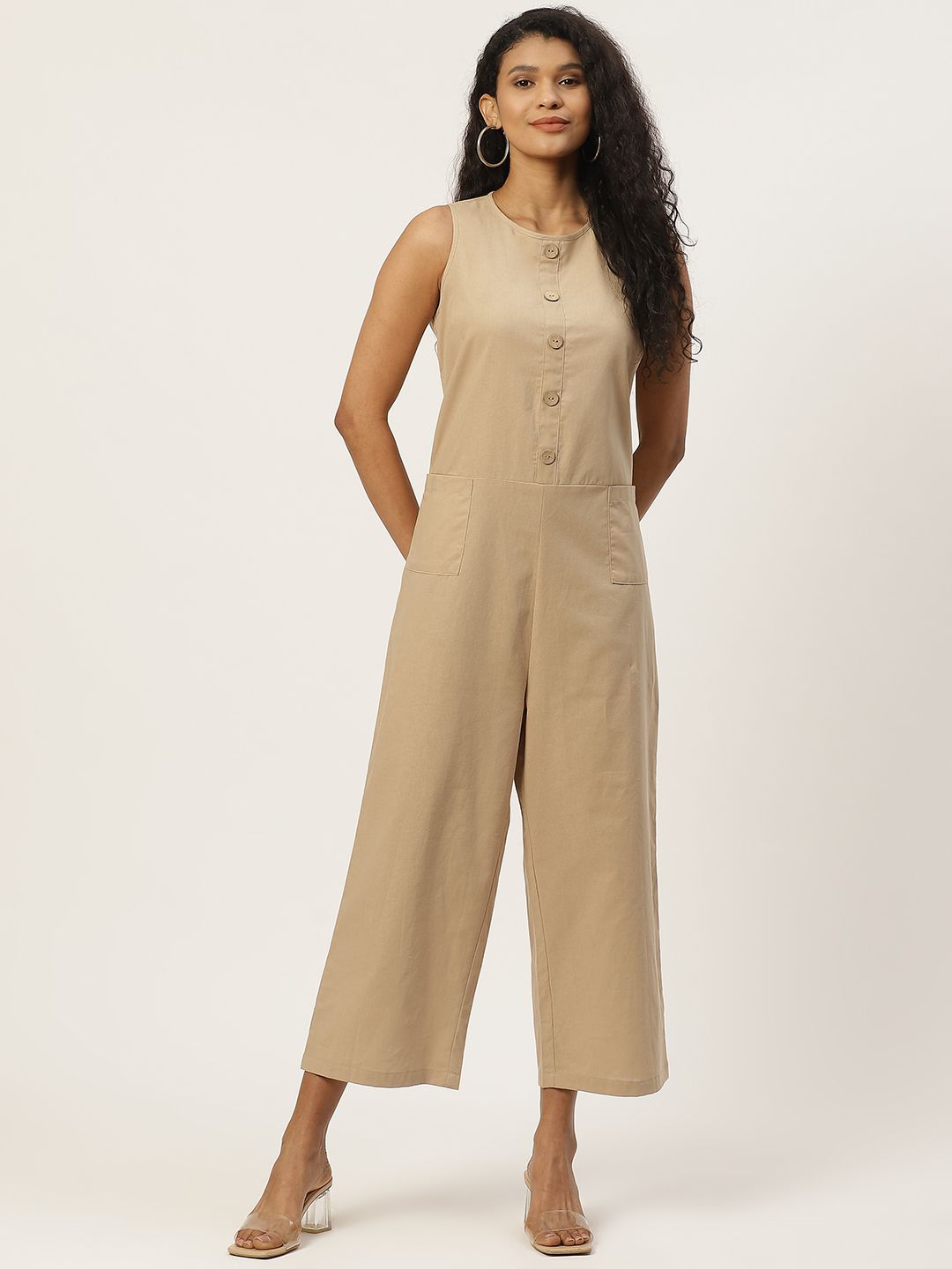 Trend Arrest Women Beige Solid Pure Cotton Basic Jumpsuit Price in India