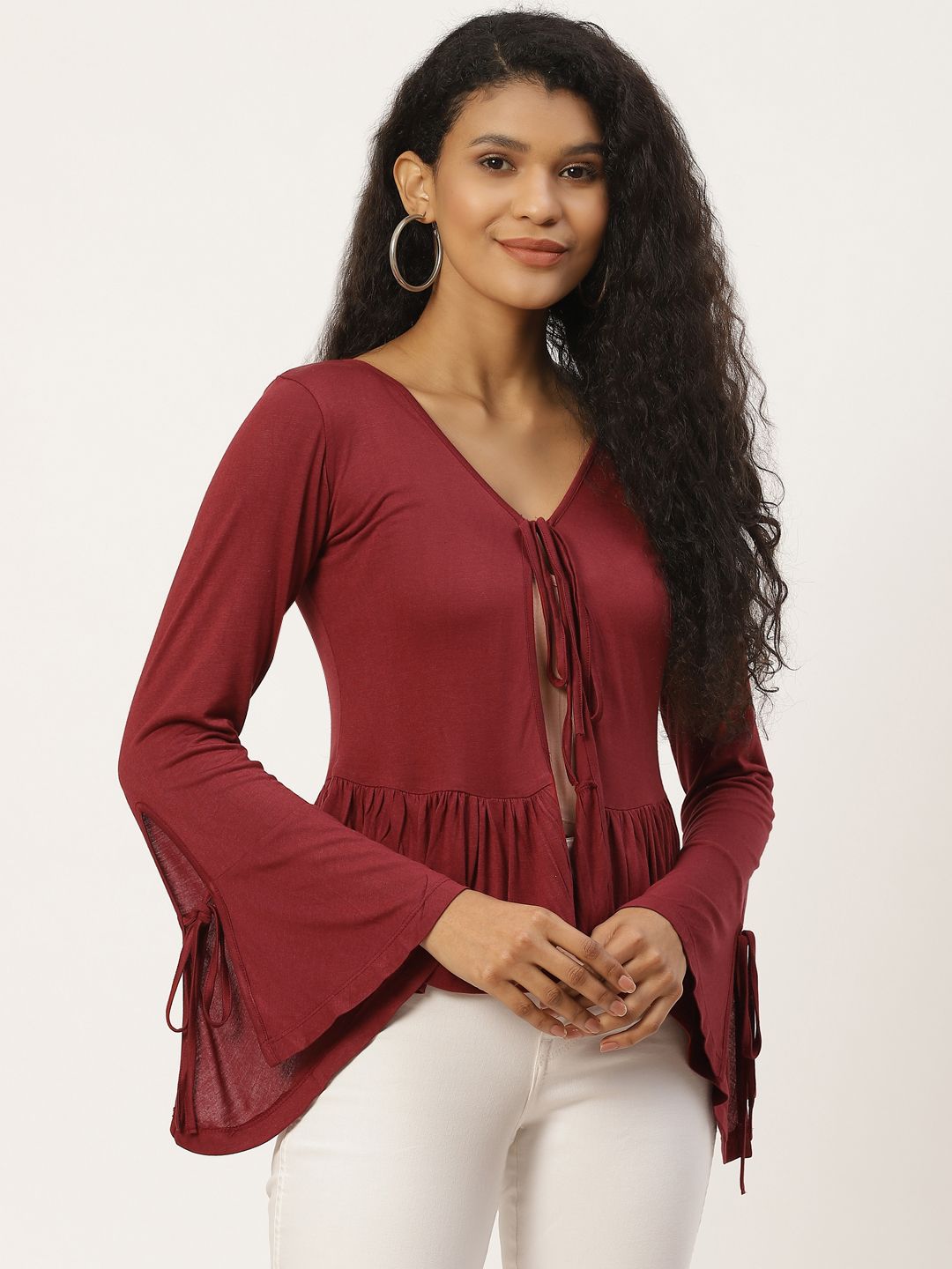 Trend Arrest Women Maroon Solid Tie-Up Shrug Price in India